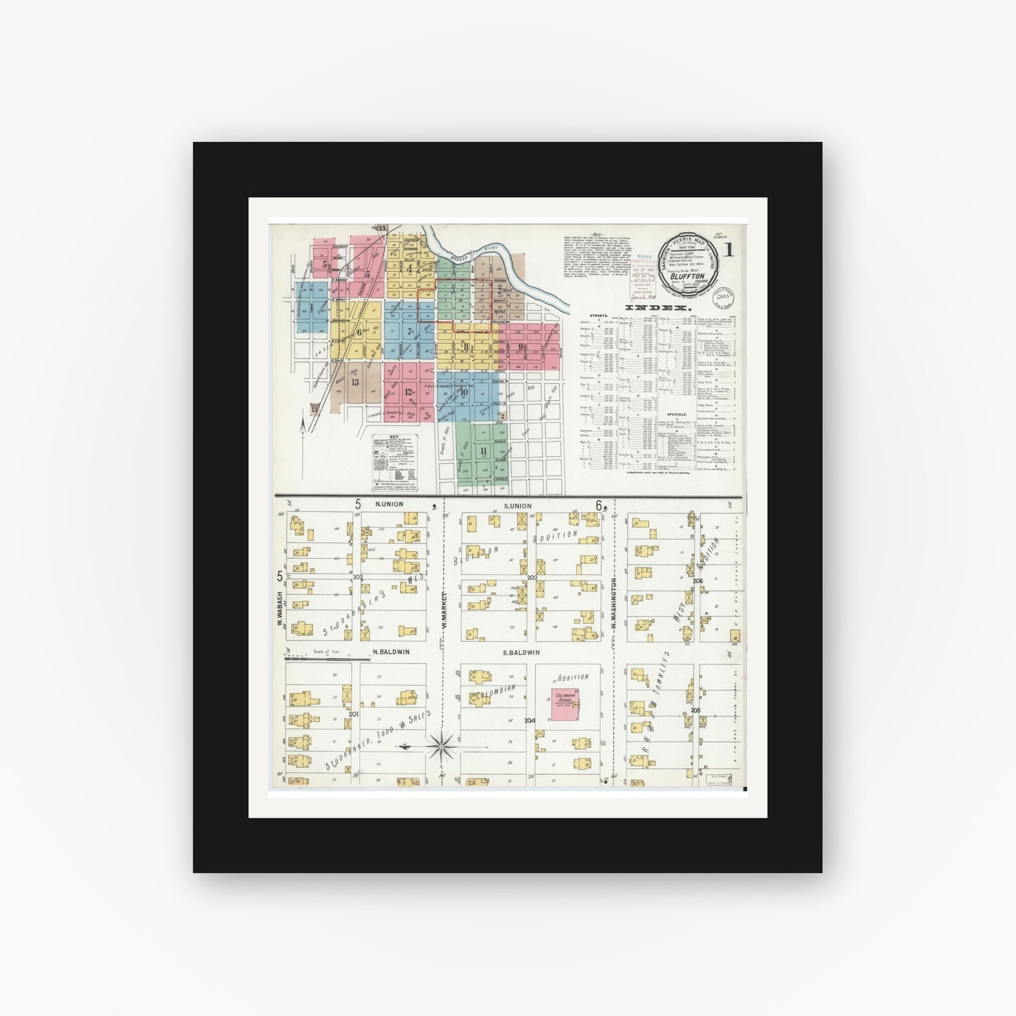 Old map wall art mockup — black gallery frame with white mat — Sanborn Fire Insurance Map from Bluffton, Wells County, Indiana (1900) - Complete Map Set