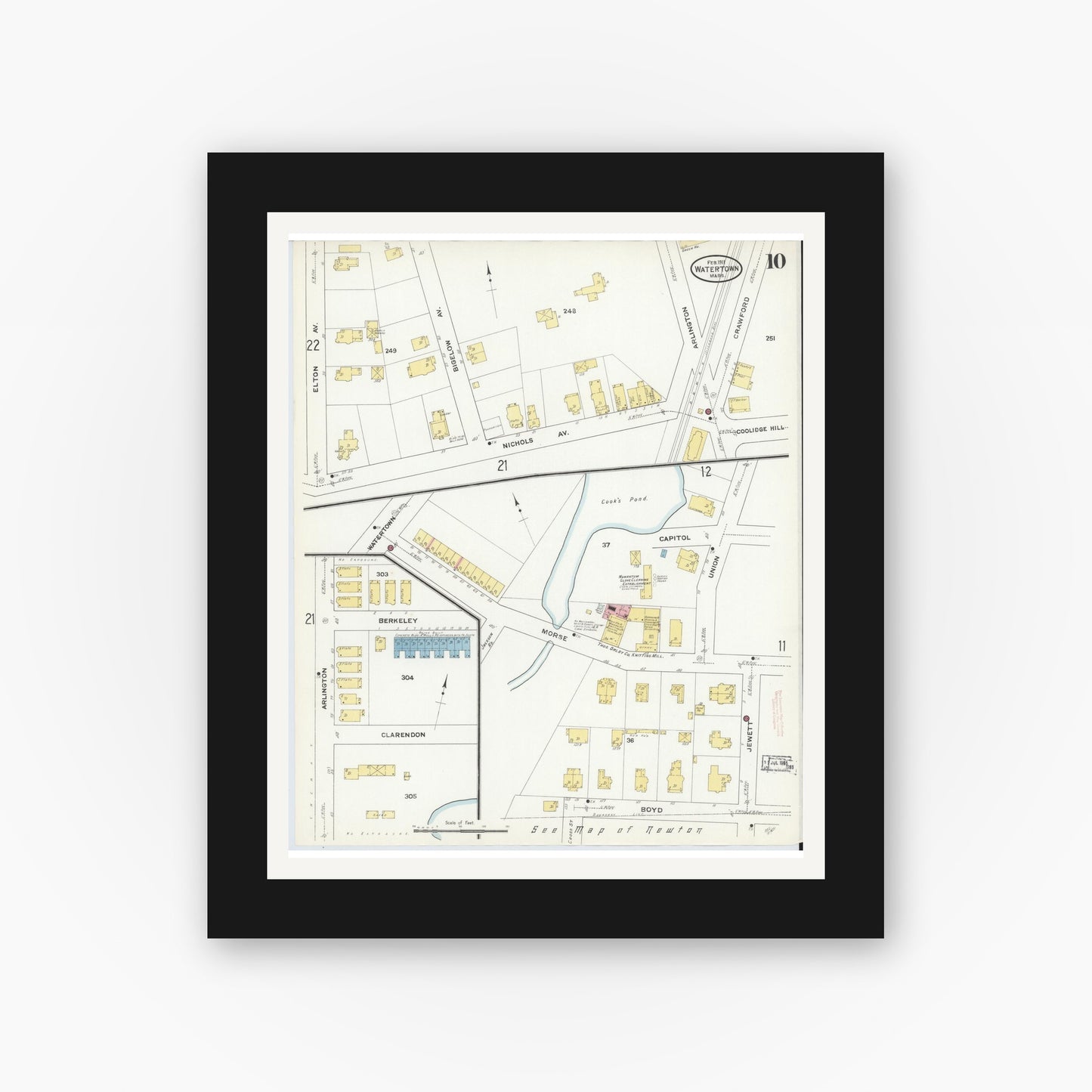 Old map wall art mockup — black gallery frame with white mat — Sanborn Fire Insurance Map from Watertown, Middlesex County, Massachusetts (1911), Sheet #0010