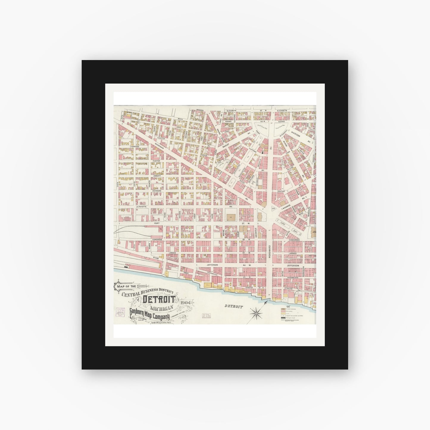 Old map wall art mockup — black gallery frame with white mat — Sanborn Fire Insurance Map from Detroit, Wayne County, Michigan (1904), Sheet #0001