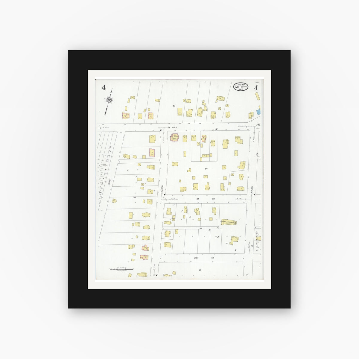 Old map wall art mockup — black gallery frame with white mat — Sanborn Fire Insurance Map from Gillett, Oconto County, Wisconsin (1929), Sheet #0004
