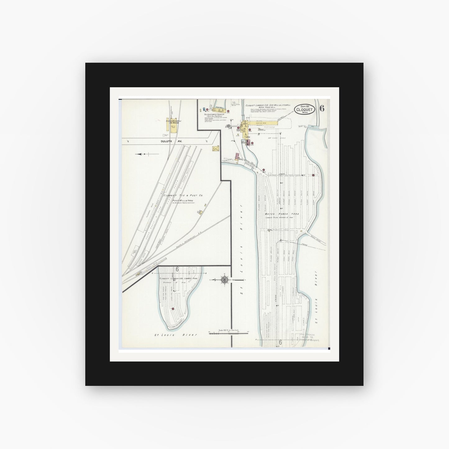 Old map wall art mockup — black gallery frame with white mat — Sanborn Fire Insurance Map from Cloquet, Carlton County, Minnesota (1911), Sheet #0006