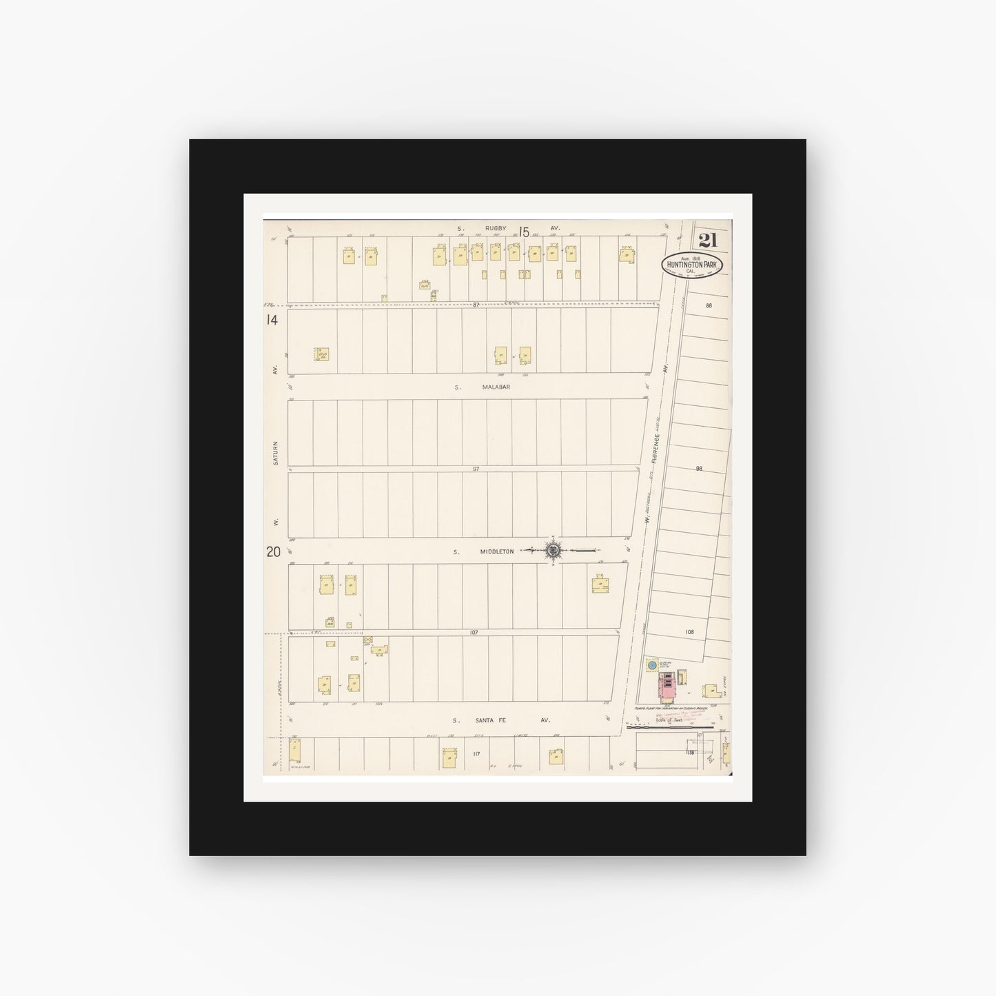 Old map wall art mockup — black gallery frame with white mat — Sanborn Fire Insurance Map from Huntington Park, Los Angeles County, California (1916), Sheet #0021