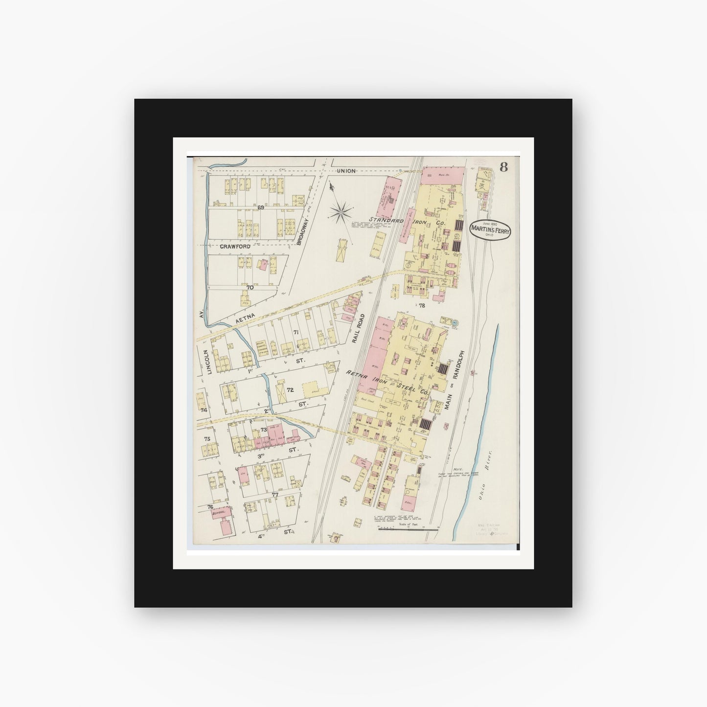 Old map wall art mockup — black gallery frame with white mat — Sanborn Fire Insurance Map from Martins Ferry, Belmont County, Ohio (1890), Sheet #0008