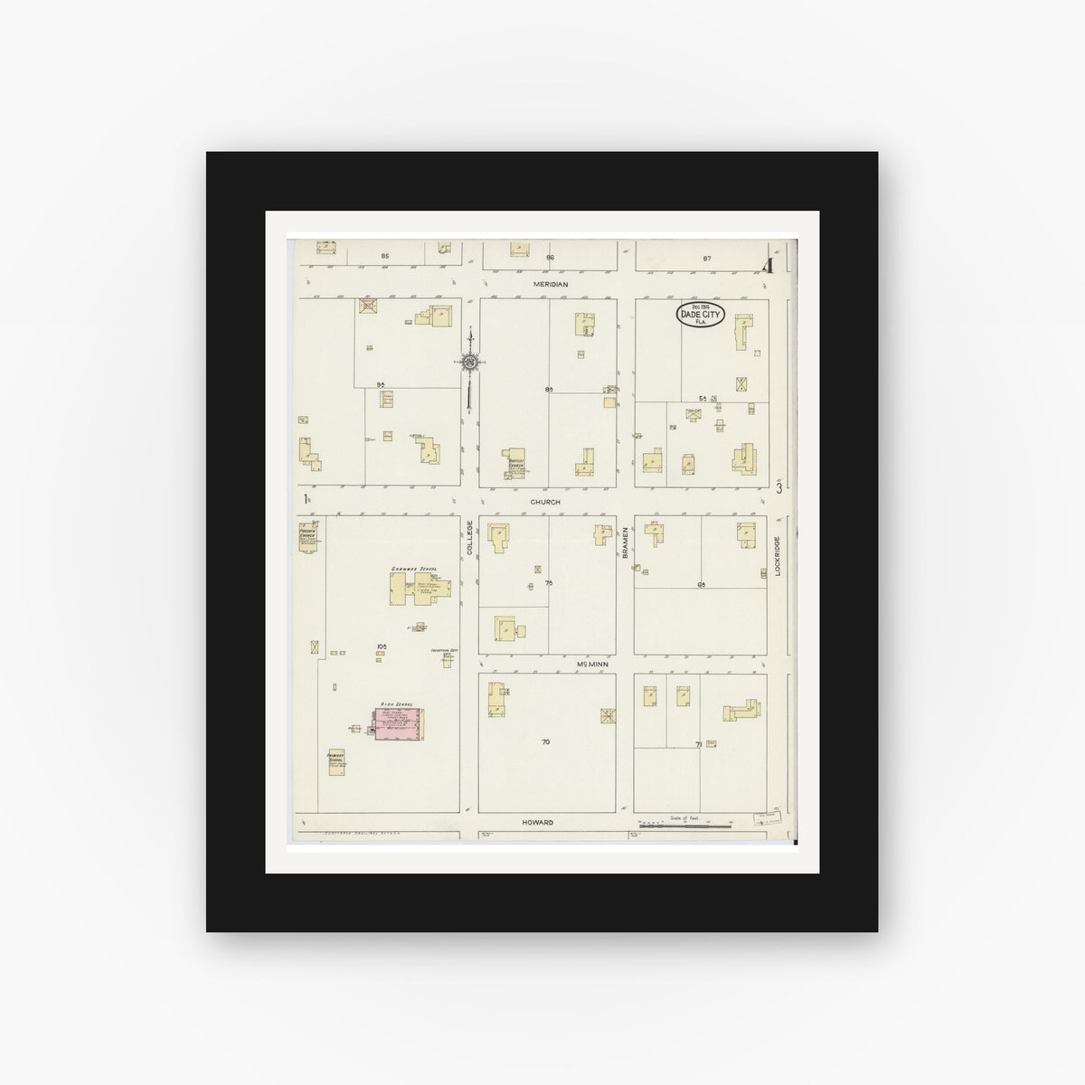 Old map wall art mockup — black gallery frame with white mat — Sanborn Fire Insurance Map from Dade City, Pasco County, Florida (1914), Sheet #0004