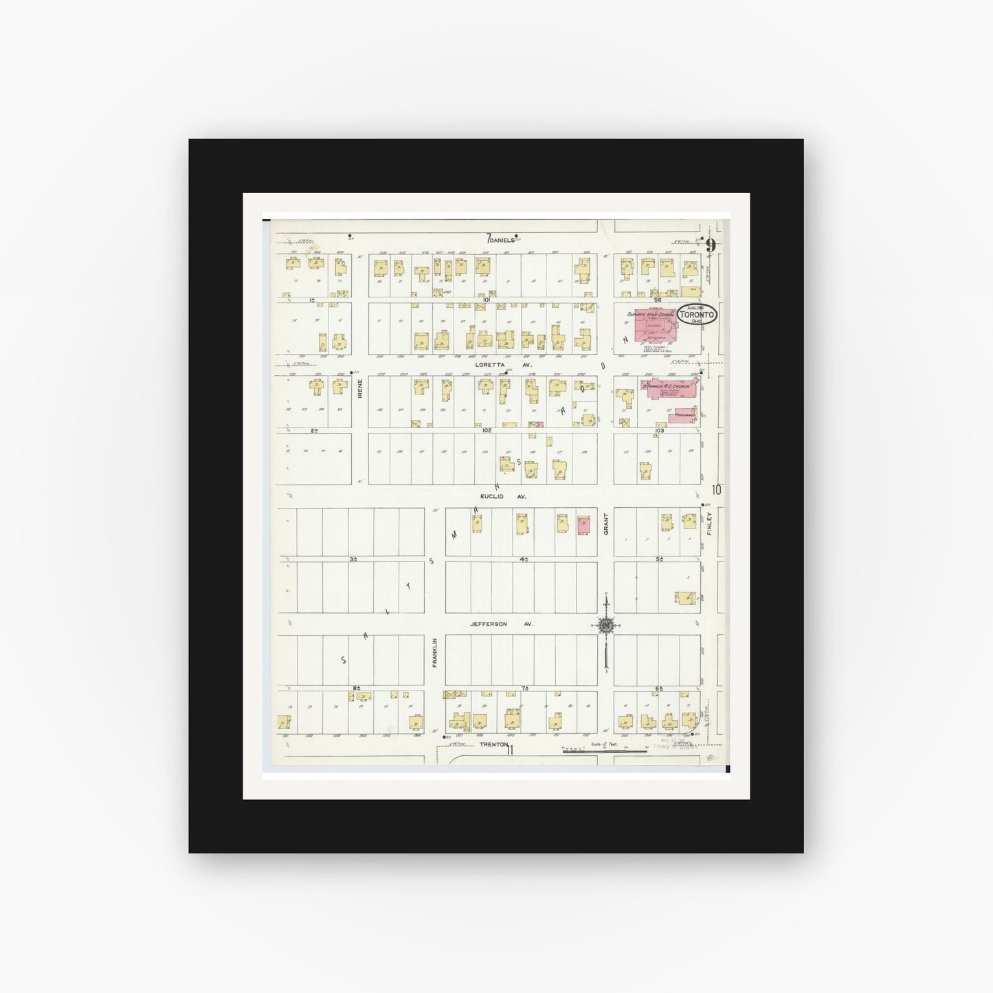 Old map wall art mockup — black gallery frame with white mat — Sanborn Fire Insurance Map from Toronto, Jefferson County, Ohio (1911), Sheet #0009