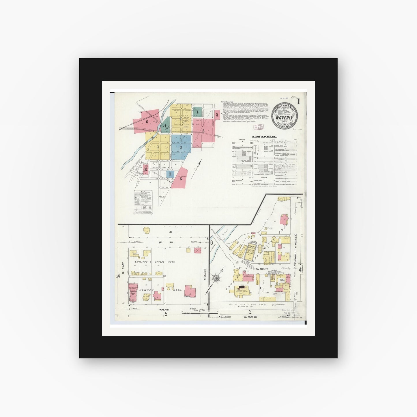 Old map wall art mockup — black gallery frame with white mat — Sanborn Fire Insurance Map from Waverly, Pike County, Ohio (1911), Sheet #0001