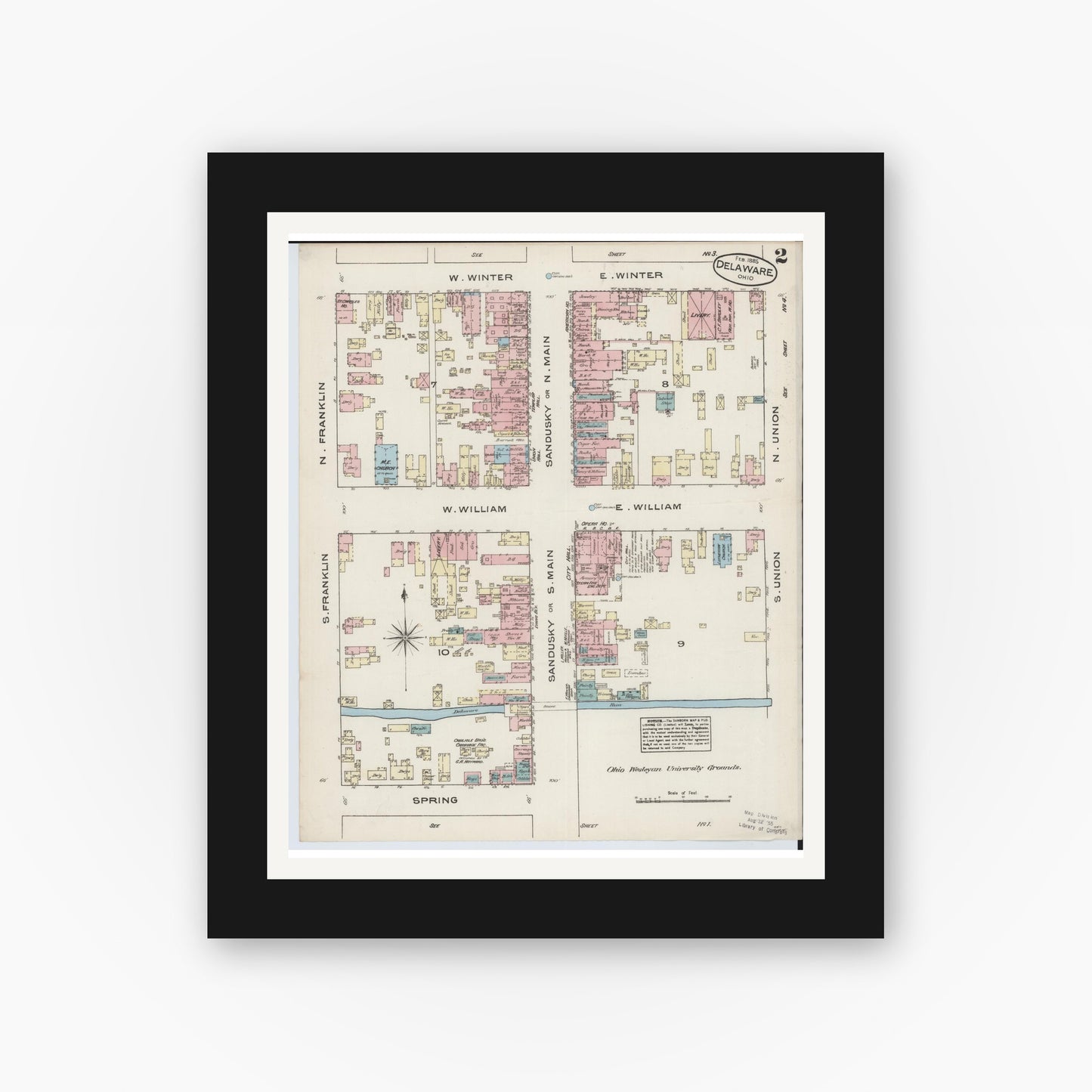 Old map wall art mockup — black gallery frame with white mat — Sanborn Fire Insurance Map from Delaware, Delaware County, Ohio (1885), Sheet #0002