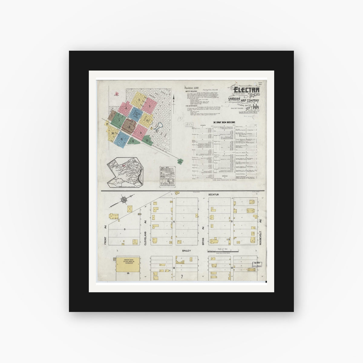 Old map wall art mockup — black gallery frame with white mat — Sanborn Fire Insurance Map from Electra, Wichita County, Texas (1919), Sheet #0001