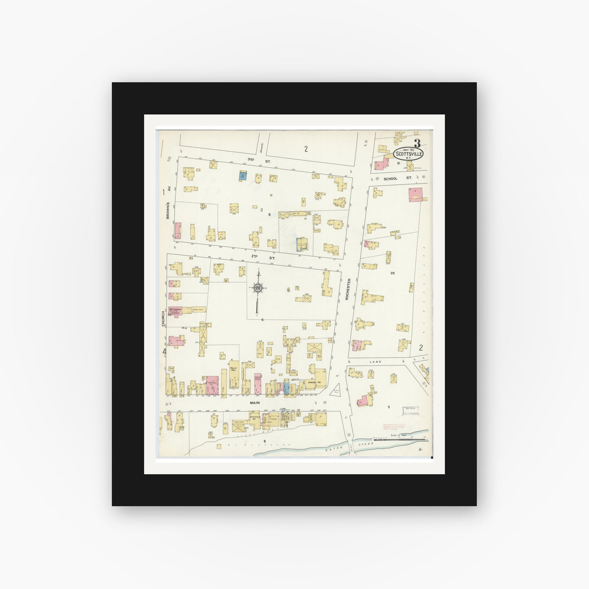 Old map wall art mockup β black gallery frame with white mat β Sanborn Fire Insurance Map from Scottsville, Monroe County, New York (1912), Sheet #0003