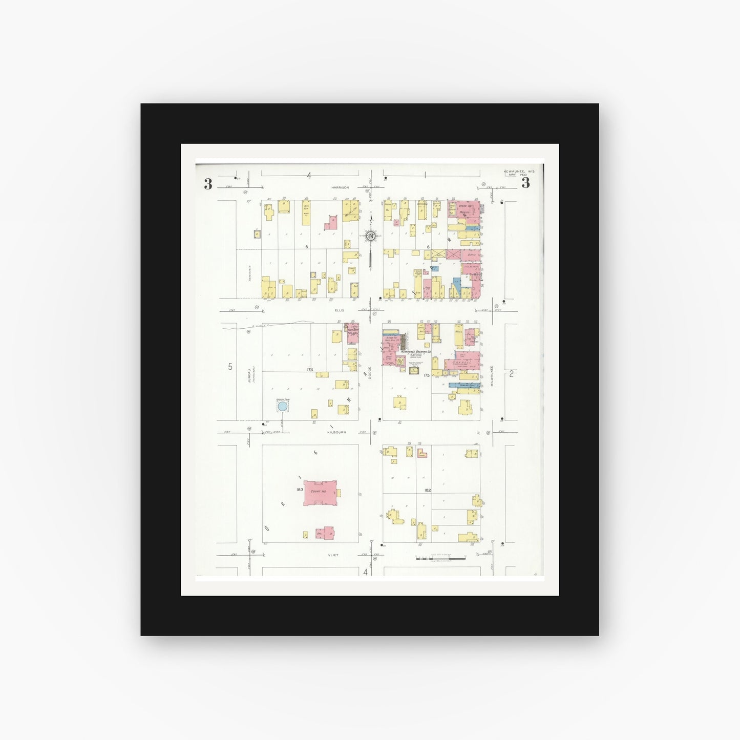 Old map wall art mockup — black gallery frame with white mat — Sanborn Fire Insurance Map from Kewaunee, Kewaunee County, Wisconsin (1933), Sheet #0003