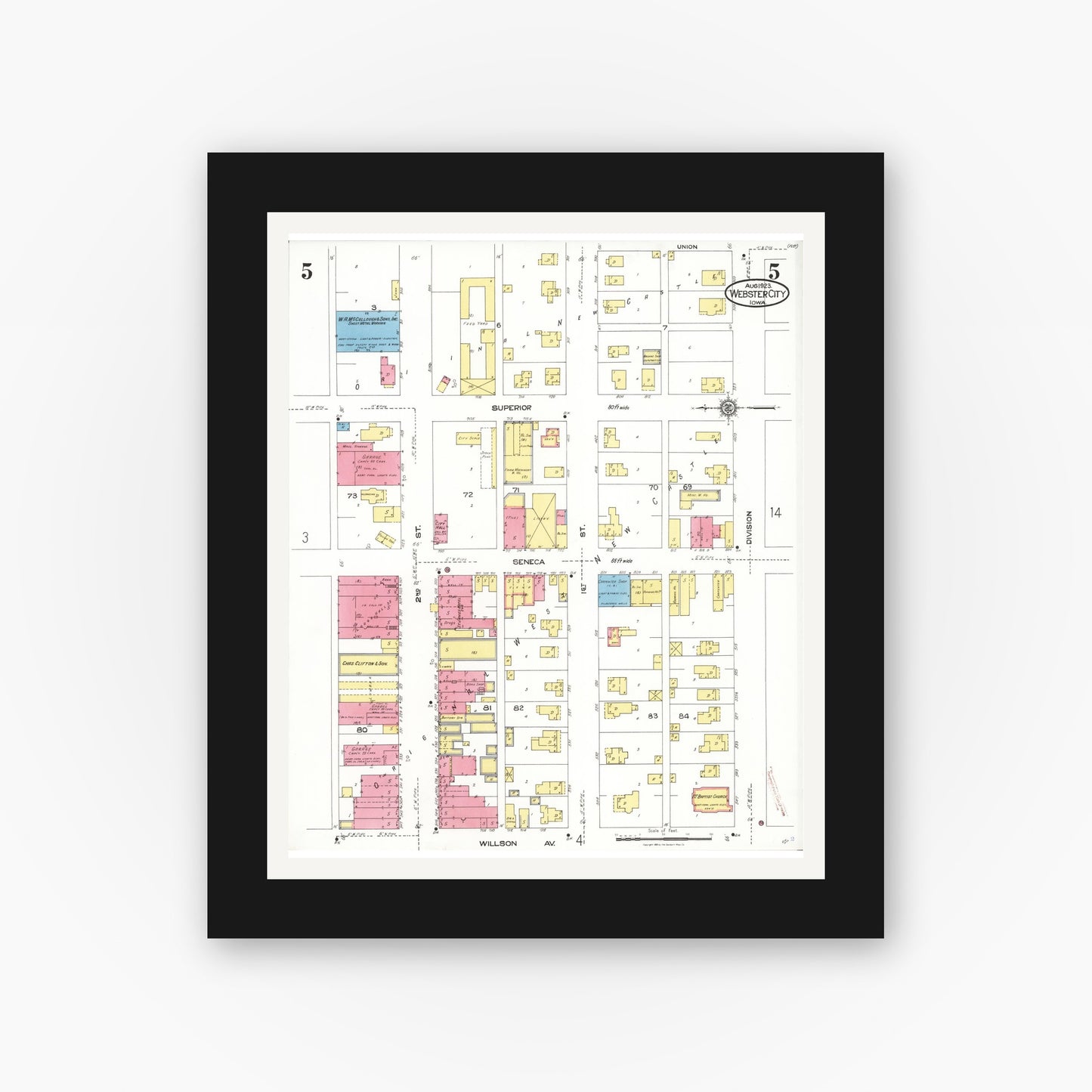 Old map wall art mockup — black gallery frame with white mat — Sanborn Fire Insurance Map from Webster City, Hamilton County, Iowa (1923), Sheet #0005