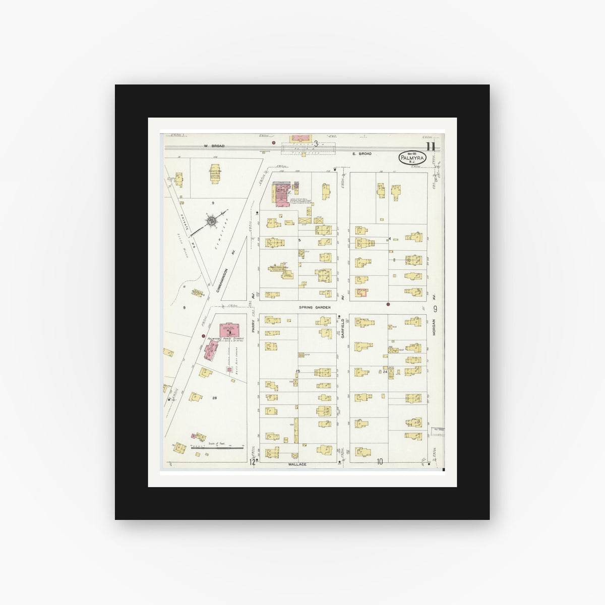 Old map wall art mockup — black gallery frame with white mat — Sanborn Fire Insurance Map from Palmyra, Burlington County, New Jersey (1911), Sheet #0011