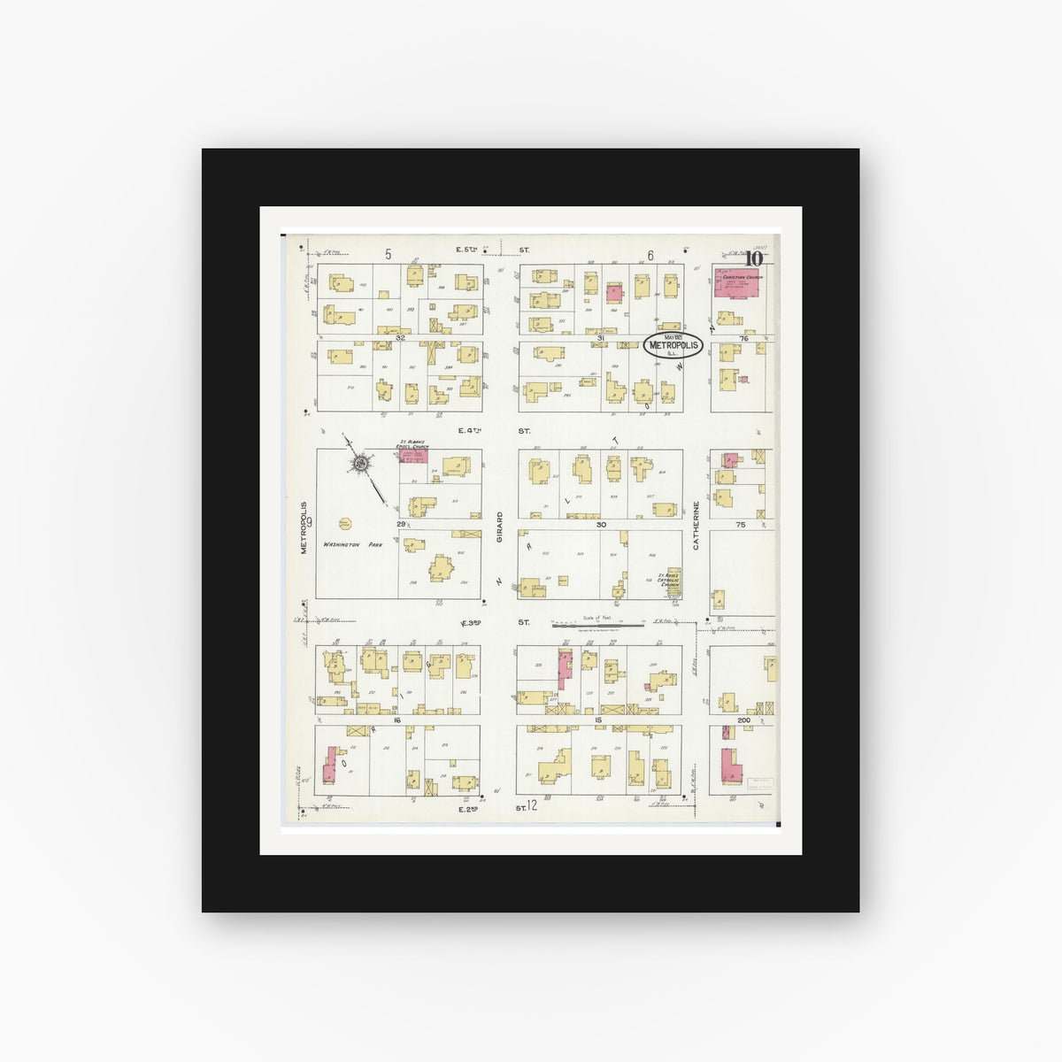Old map wall art mockup — black gallery frame with white mat — Sanborn Fire Insurance Map from Metropolis, Massac County, Illinois (1921), Sheet #0010