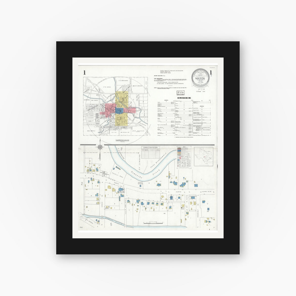 Old map wall art mockup — black gallery frame with white mat — Sanborn Fire Insurance Map from Mason, Mason County, Texas (1936), Sheet #0001