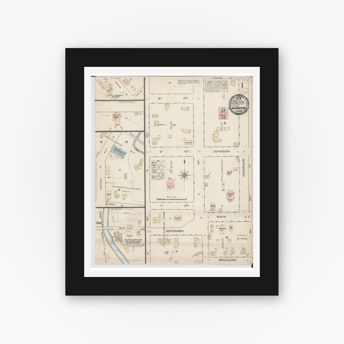 Old map wall art mockup — black gallery frame with white mat — Sanborn Fire Insurance Map from Black River Falls, Jackson County, Wisconsin (1884), Sheet #0001