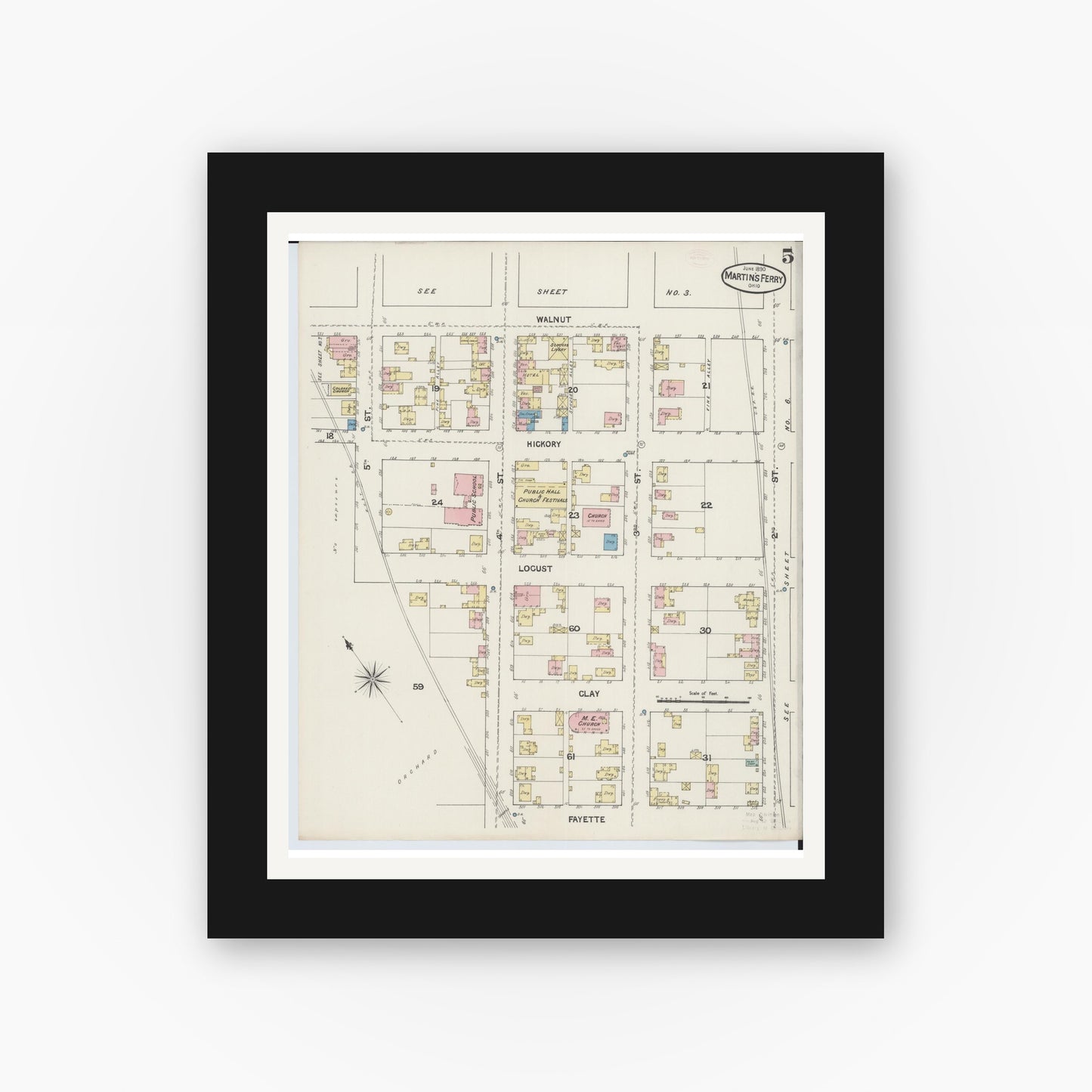 Old map wall art mockup — black gallery frame with white mat — Sanborn Fire Insurance Map from Martins Ferry, Belmont County, Ohio (1890), Sheet #0005