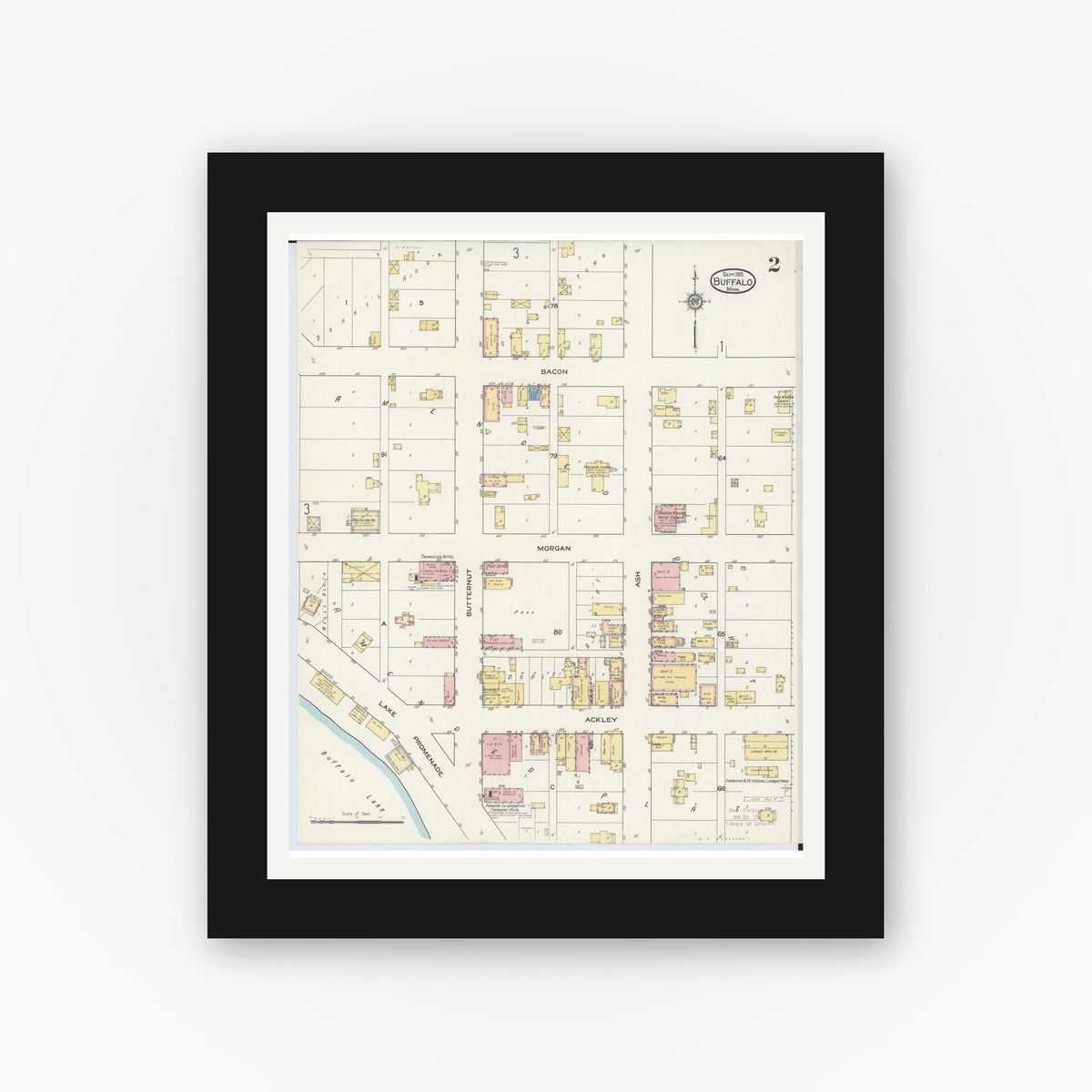 Old map wall art mockup — black gallery frame with white mat — Sanborn Fire Insurance Map from Buffalo, Wright County, Minnesota (1915), Sheet #0002