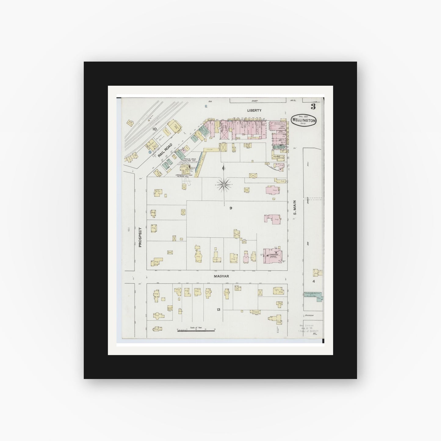 Old map wall art mockup — black gallery frame with white mat — Sanborn Fire Insurance Map from Wellington, Lorain County, Ohio (1889), Sheet #0003