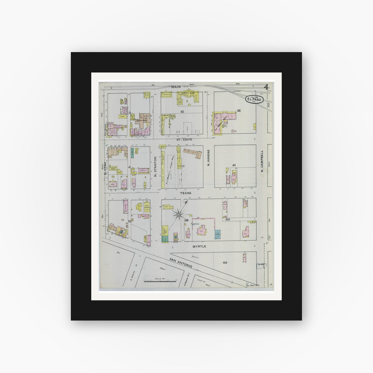 Old map wall art mockup — black gallery frame with white mat — Sanborn Fire Insurance Map from El Paso, El Paso County, Texas (1888), Sheet #0004