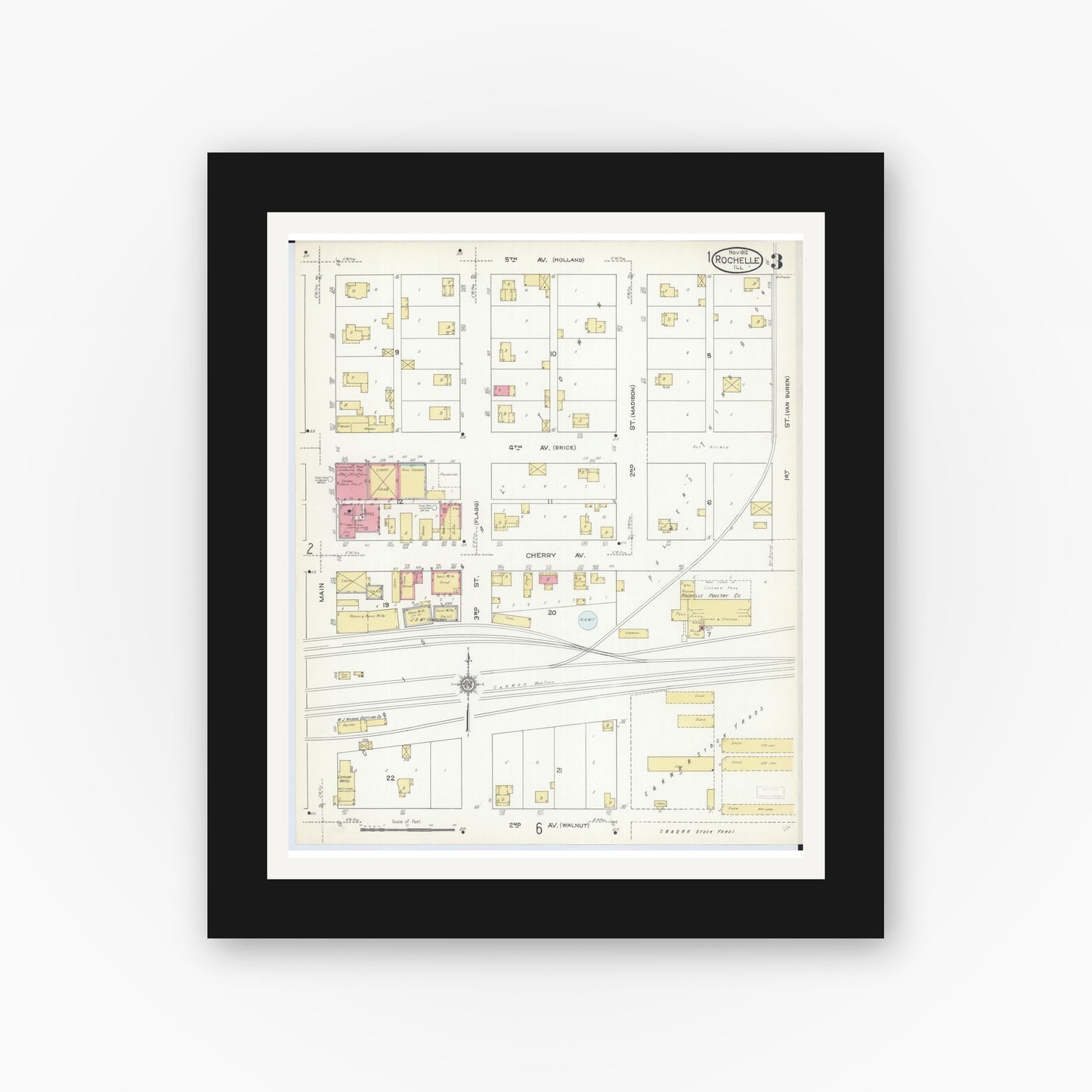 Old map wall art mockup — black gallery frame with white mat — Sanborn Fire Insurance Map from Rochelle, Ogle County, Illinois (1912), Sheet #0003