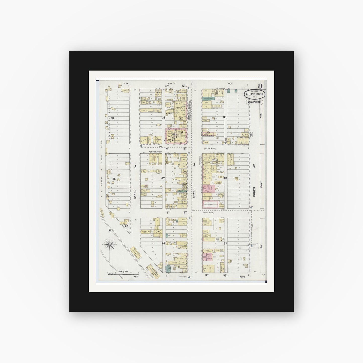 Old map wall art mockup — black gallery frame with white mat — Sanborn Fire Insurance Map from Superior, Douglas County, Wisconsin (1889), Sheet #0008