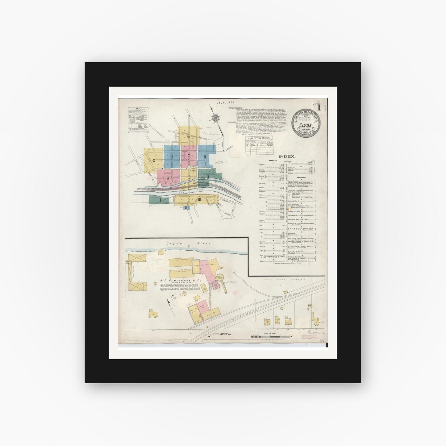 Old map wall art mockup — black gallery frame with white mat — Sanborn Fire Insurance Map from Clyde, Wayne County, New York (1932) - Complete Map Set