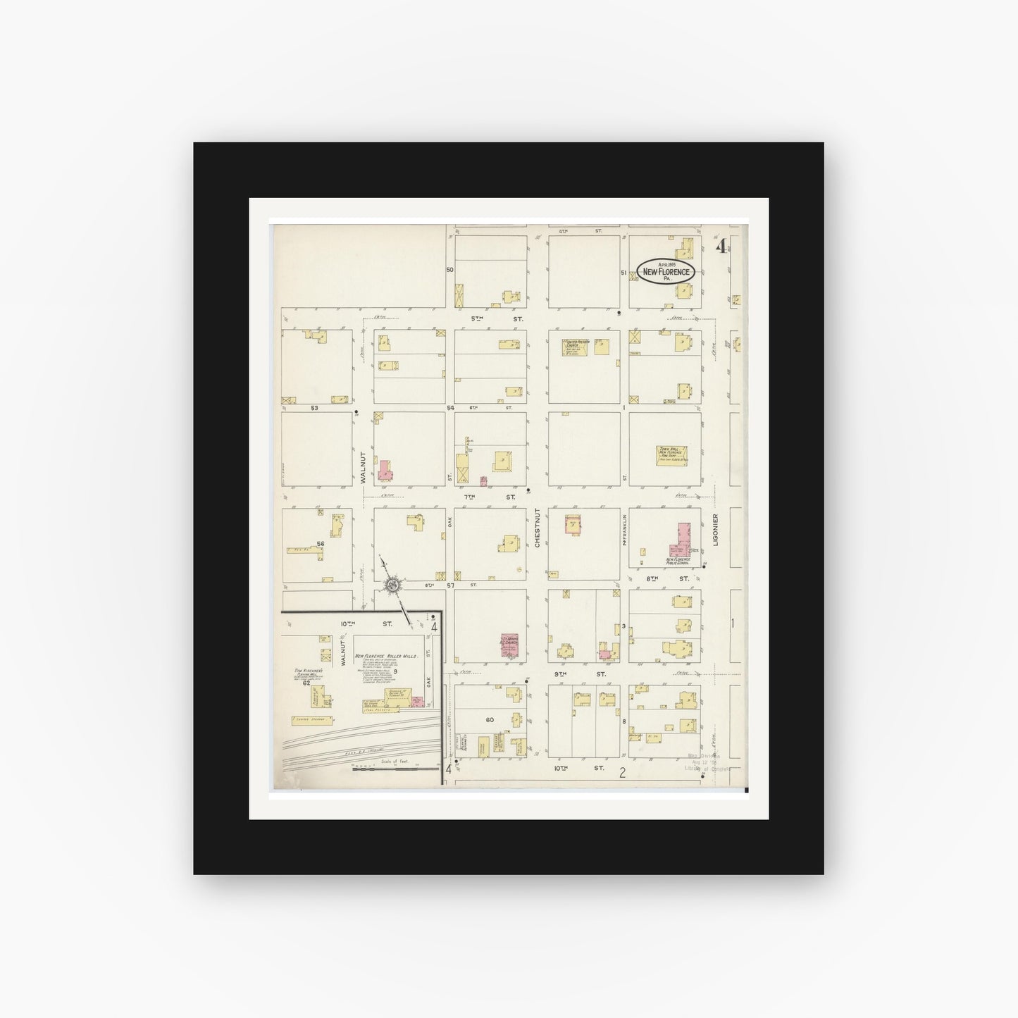 Old map wall art mockup — black gallery frame with white mat — Sanborn Fire Insurance Map from New Florence, Westmoreland County, Pennsylvania (1915), Sheet #0004