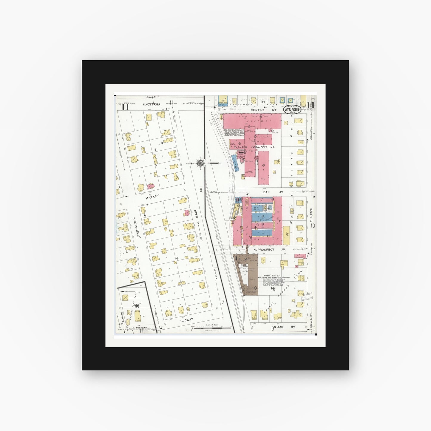 Old map wall art mockup — black gallery frame with white mat — Sanborn Fire Insurance Map from Sturgis, Saint Joseph County, Michigan (1923), Sheet #0011