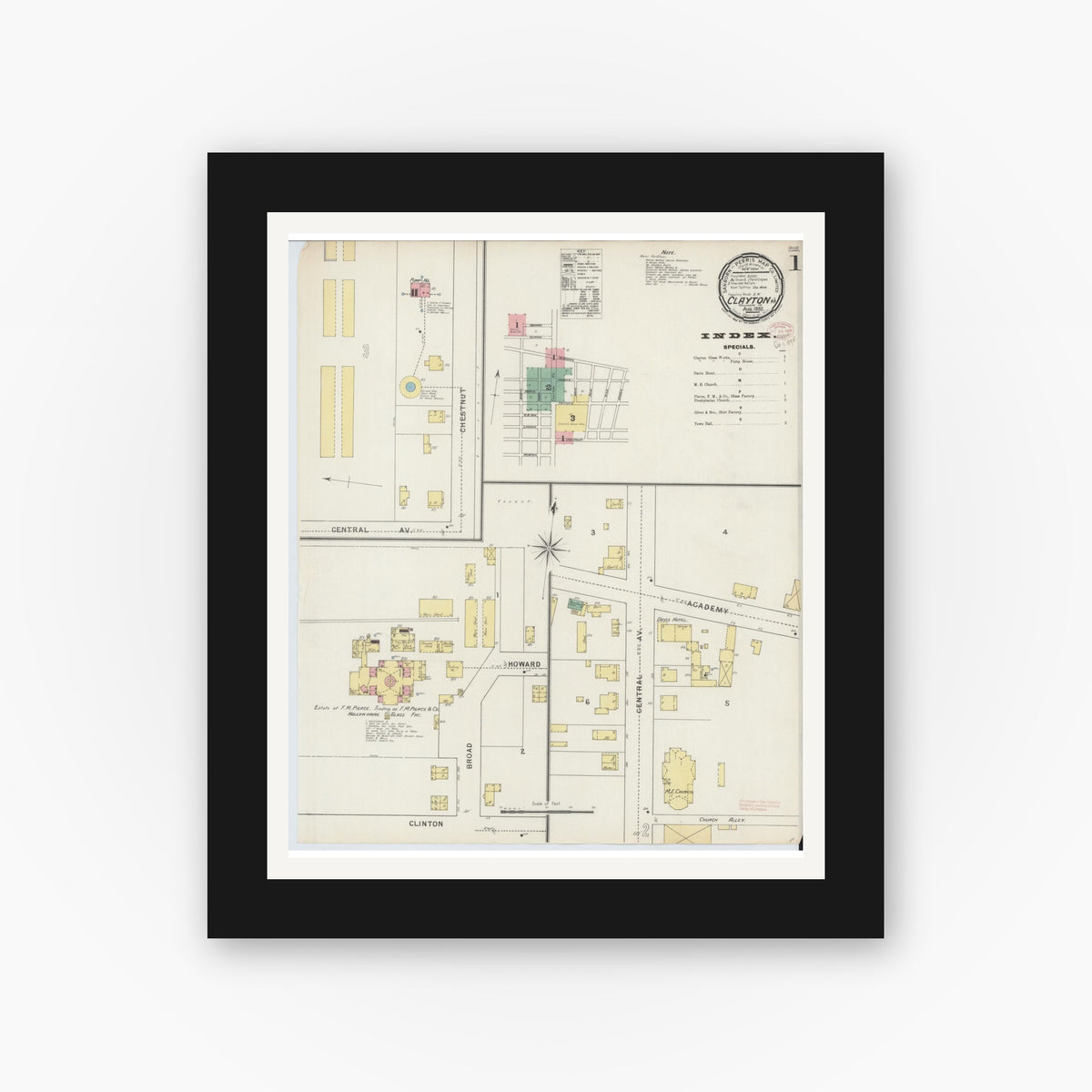 Old map wall art mockup — black gallery frame with white mat — Sanborn Fire Insurance Map from Clayton, Gloucester County, New Jersey (1895), Sheet #0001