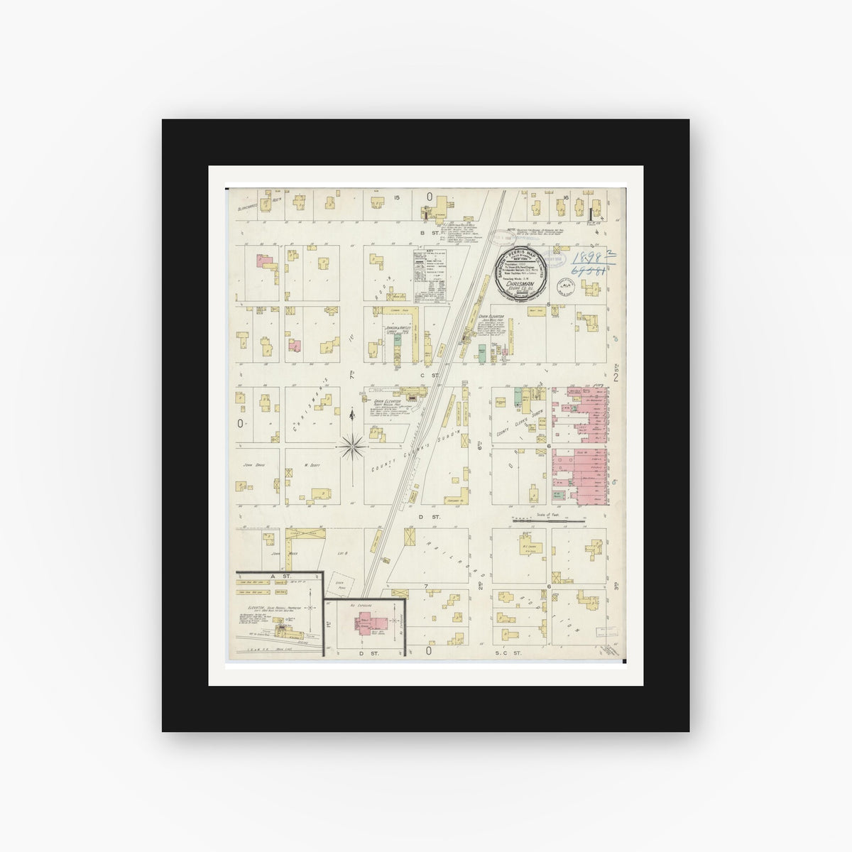 Old map wall art mockup — black gallery frame with white mat — Sanborn Fire Insurance Map from Chrisman, Edgar County, Illinois (1898), Sheet #0001