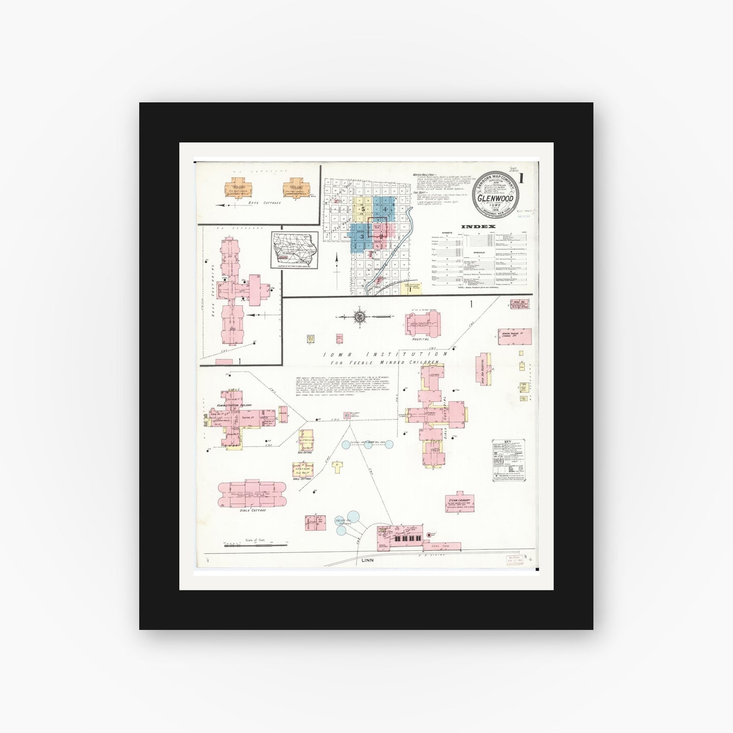 Old map wall art mockup β black gallery frame with white mat β Sanborn Fire Insurance Map from Glenwood, Mills County, Iowa (1914), Sheet #0001