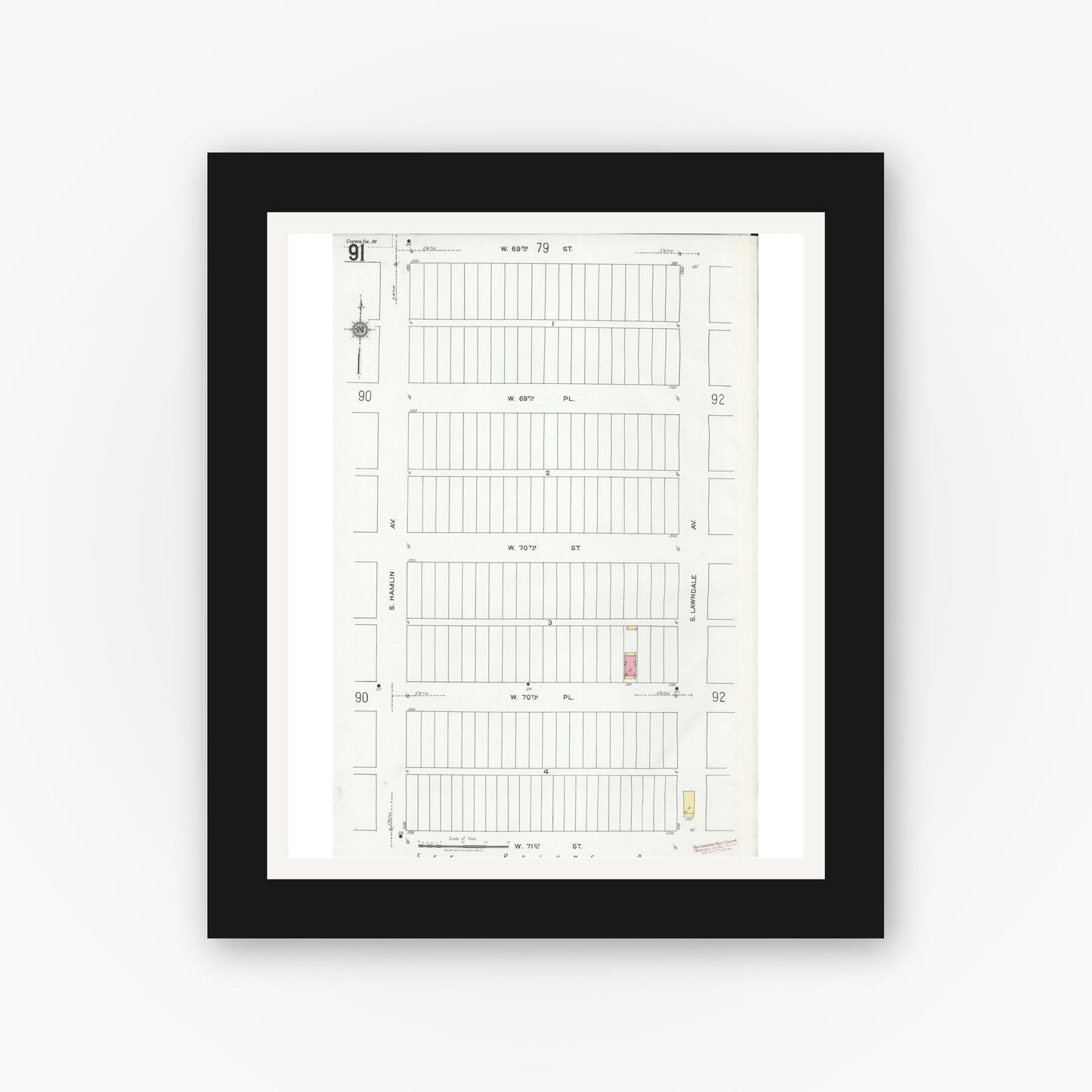 Old map wall art mockup — black gallery frame with white mat — Sanborn Fire Insurance Map from Chicago, Cook County, Illinois (1920), Sheet #0091