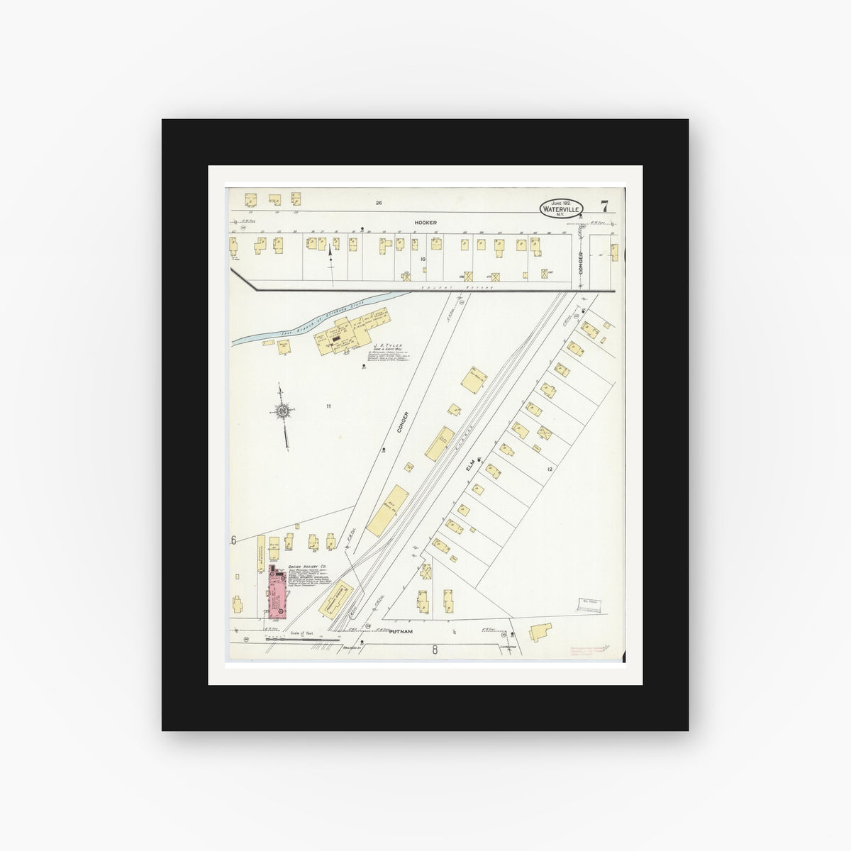 Old map wall art mockup — black gallery frame with white mat — Sanborn Fire Insurance Map from Waterville, Oneida County, New York (1912), Sheet #0007