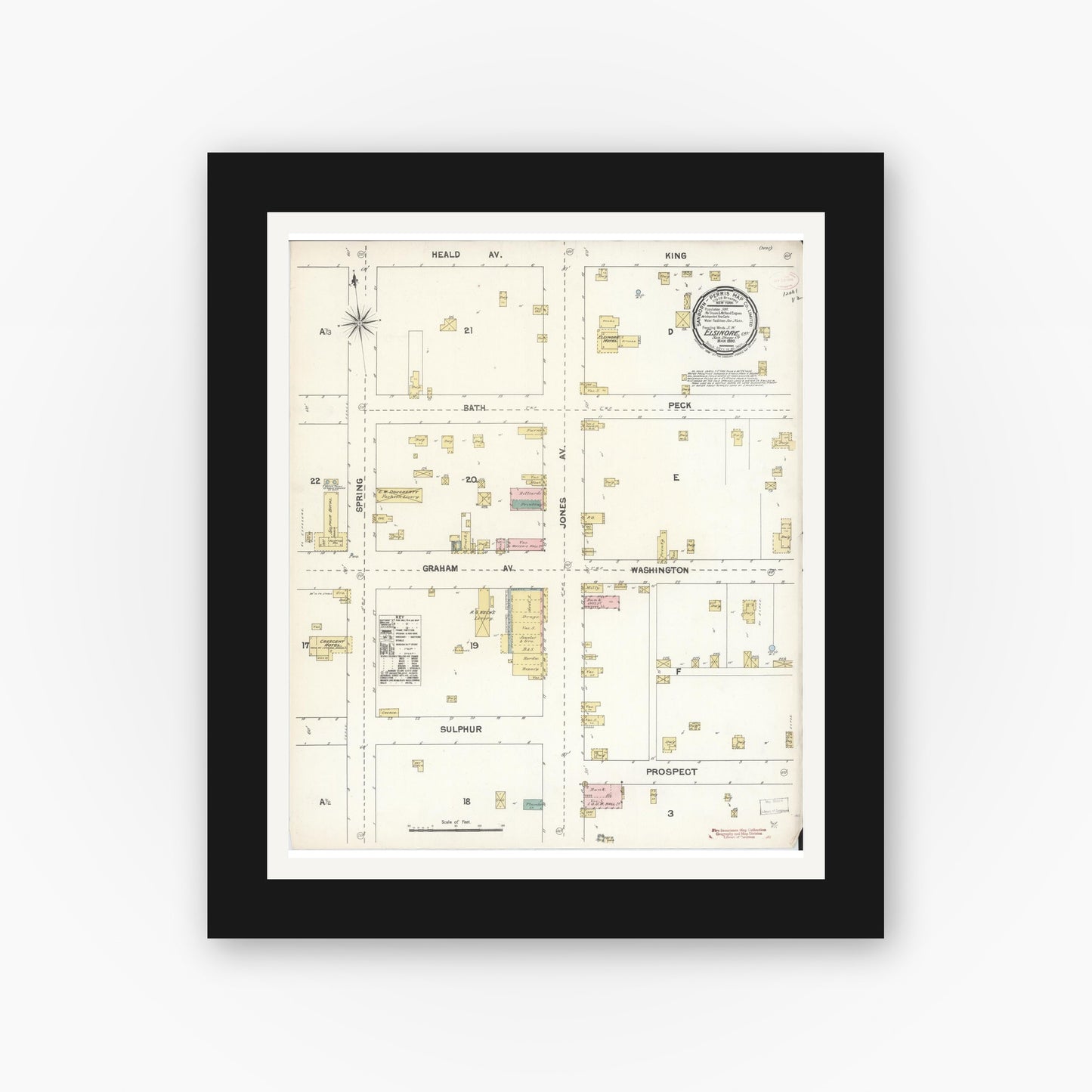 Old map wall art mockup — black gallery frame with white mat — Sanborn Fire Insurance Map from Elsinore, Riverside County, California (1890), Sheet #0001