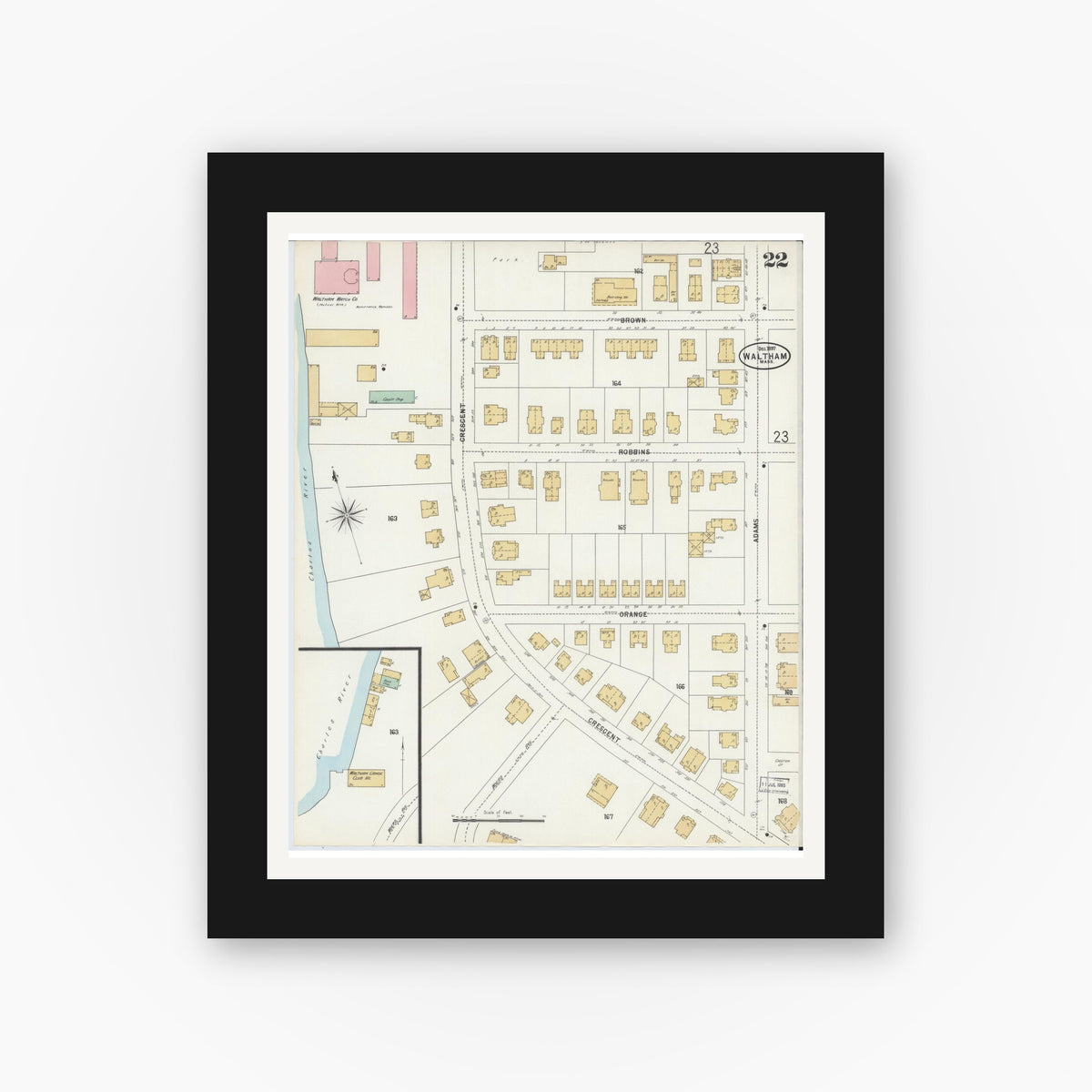 Old map wall art mockup — black gallery frame with white mat — Sanborn Fire Insurance Map from Waltham, Middlesex County, Massachusetts (1897), Sheet #0022