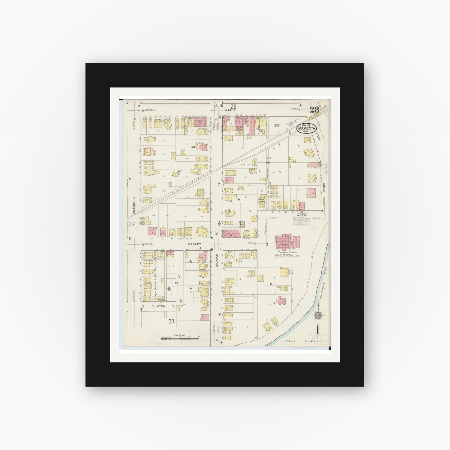 Old map wall art mockup — black gallery frame with white mat — Sanborn Fire Insurance Map from Marietta, Washington County, Ohio (1915), Sheet #0028