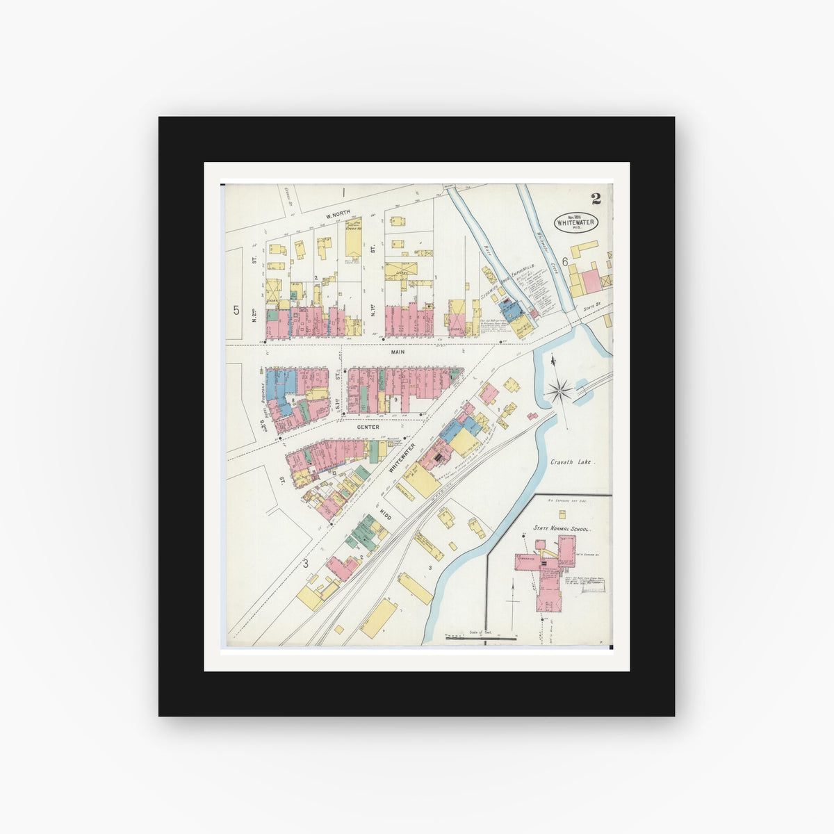 Old map wall art mockup — black gallery frame with white mat — Sanborn Fire Insurance Map from Whitewater, Walworth County, Wisconsin (1898), Sheet #0002