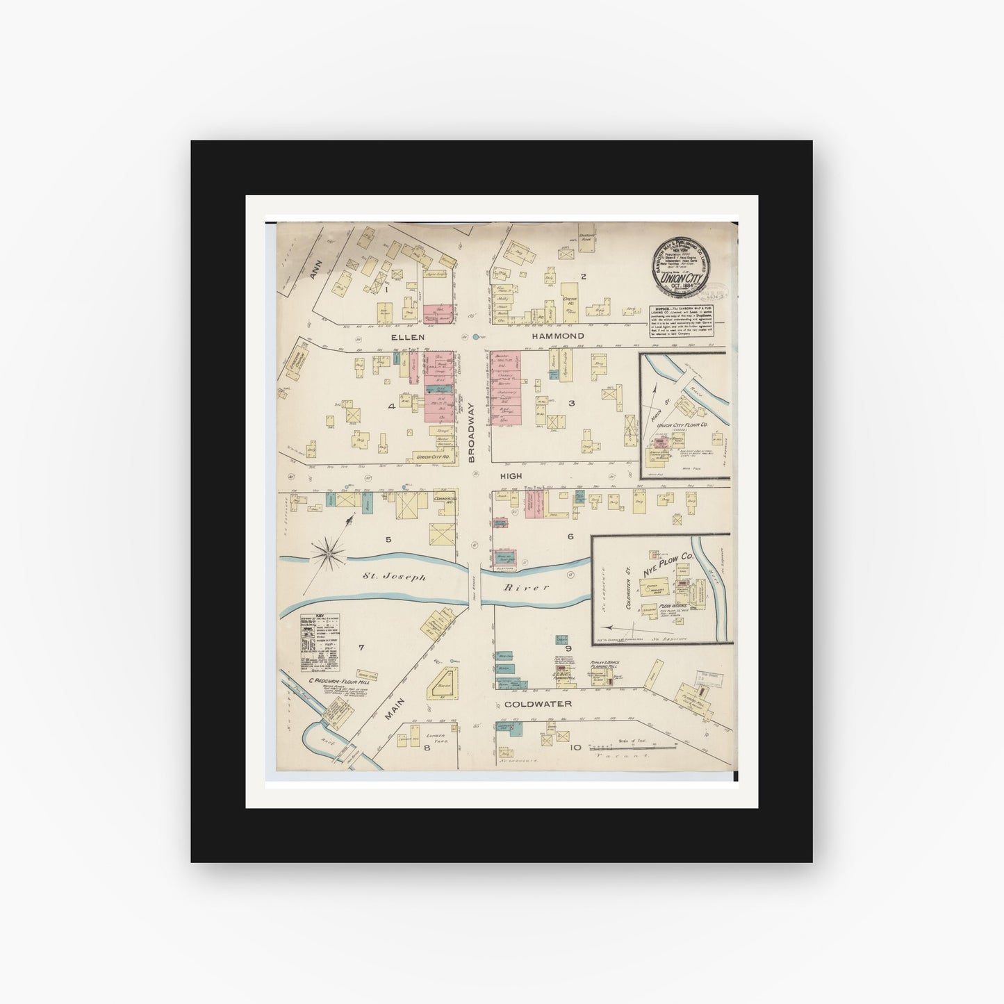 Old map wall art mockup — black gallery frame with white mat — Sanborn Fire Insurance Map from Union City, Branch And Calhoun Counties, Michigan (1884), Sheet #0001