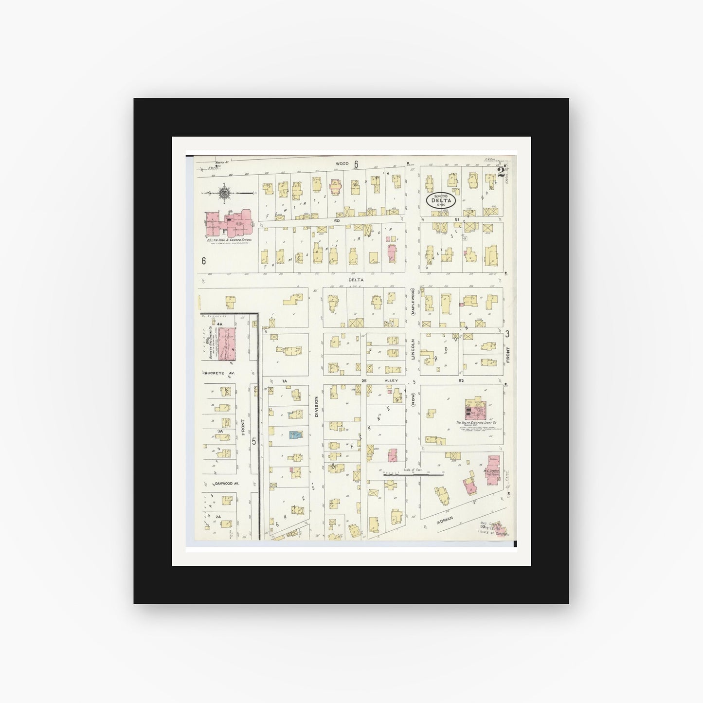 Old map wall art mockup — black gallery frame with white mat — Sanborn Fire Insurance Map from Delta, Fulton County, Ohio (1905), Sheet #0006
