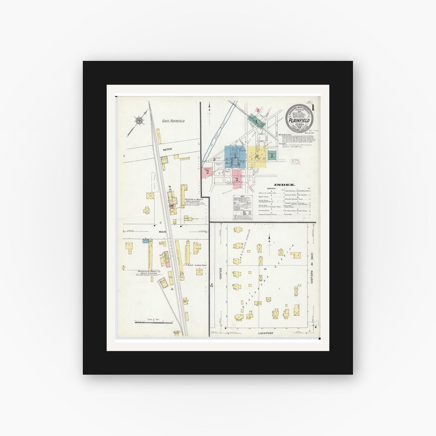 Old map wall art mockup — black gallery frame with white mat — Sanborn Fire Insurance Map from Plainfield, Will County, Illinois (1912), Sheet #0001