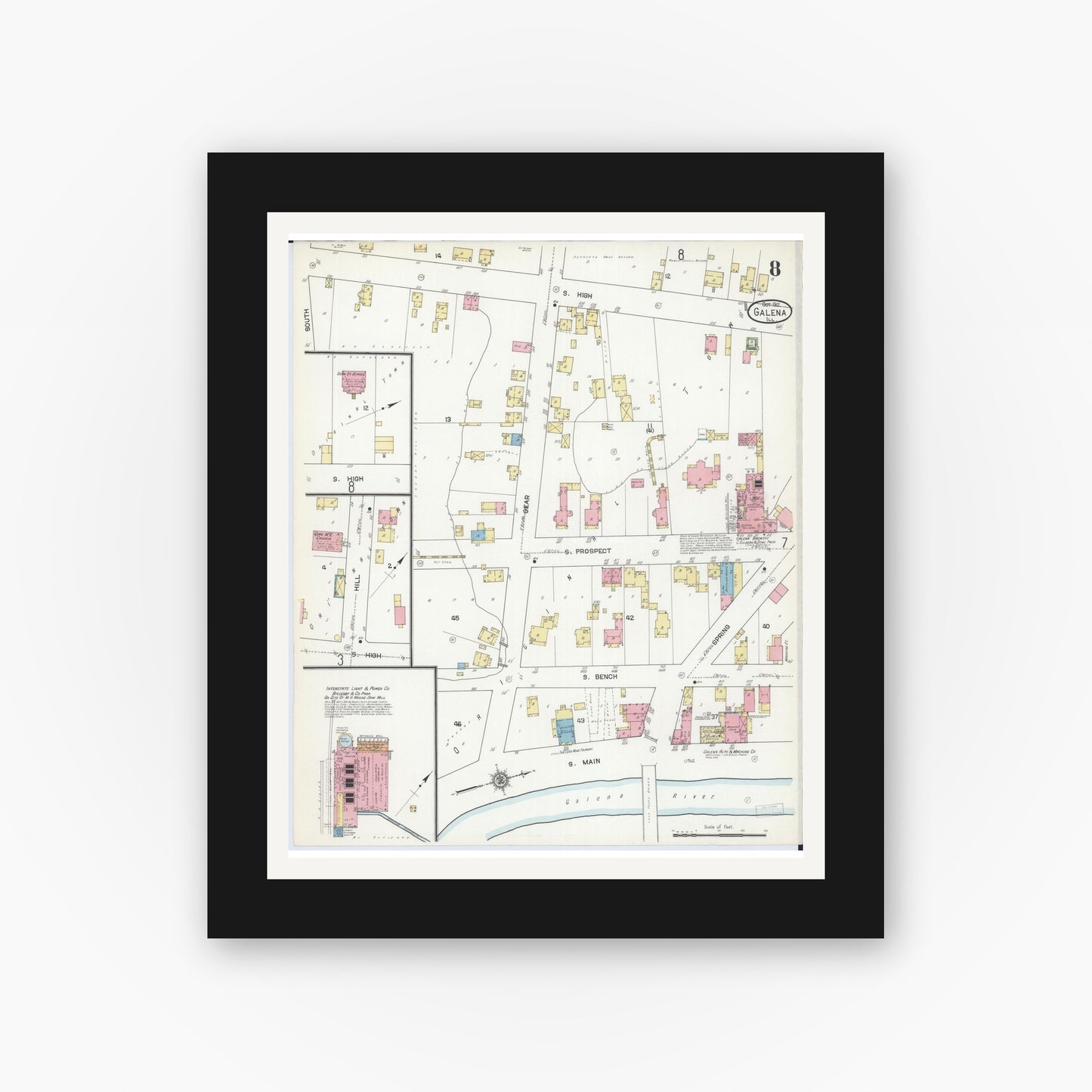 Old map wall art mockup — black gallery frame with white mat — Sanborn Fire Insurance Map from Galena, Jo Daviess County, Illinois (1912), Sheet #0008
