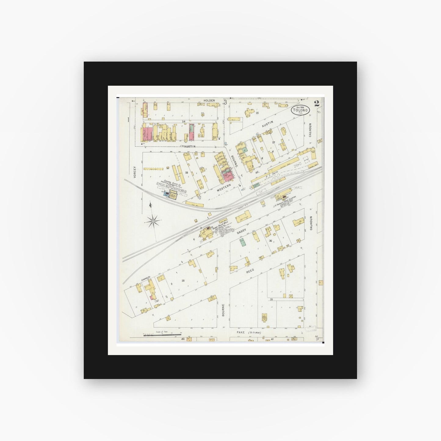 Old map wall art mockup — black gallery frame with white mat — Sanborn Fire Insurance Map from Tolono, Champaign County, Illinois (1898), Sheet #0002