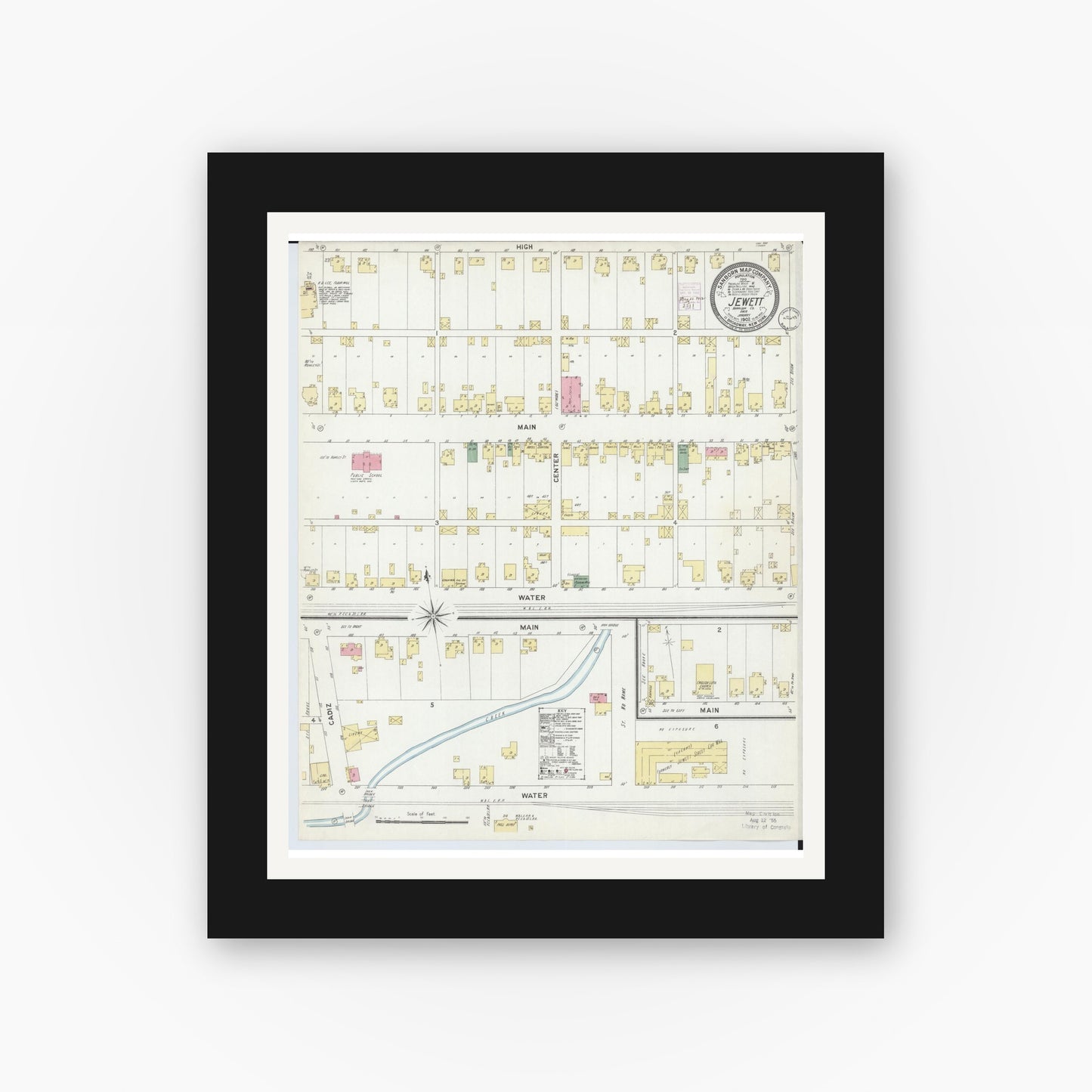 Old map wall art mockup — black gallery frame with white mat — Sanborn Fire Insurance Map from Jewett, Harrison County, Ohio (1902), Sheet #0001
