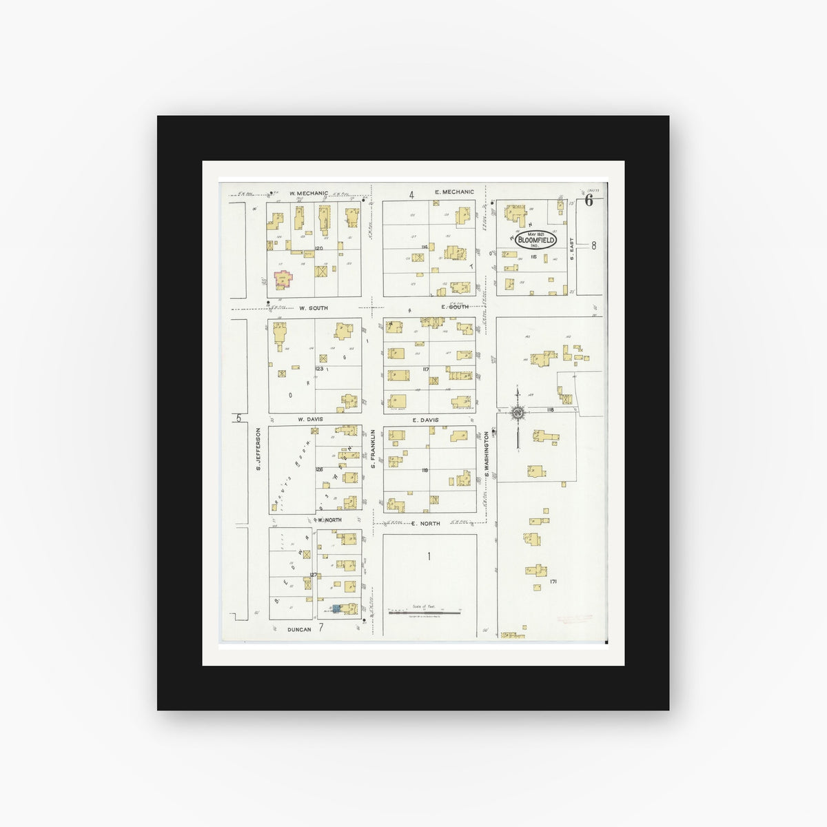 Old map wall art mockup — black gallery frame with white mat — Sanborn Fire Insurance Map from Bloomfield, Greene County, Indiana (1921), Sheet #0006