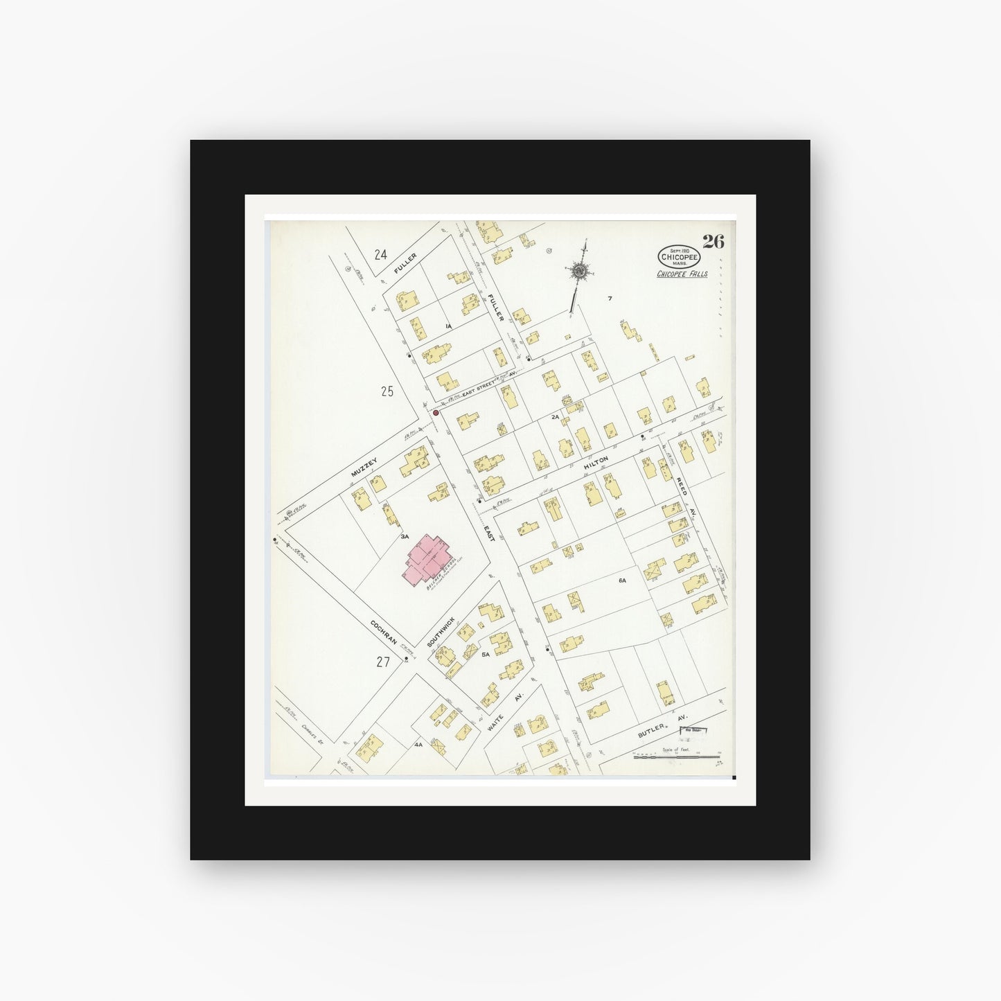 Old map wall art mockup — black gallery frame with white mat — Sanborn Fire Insurance Map from Chicopee, Hampden County, Massachusetts (1910), Sheet #0026