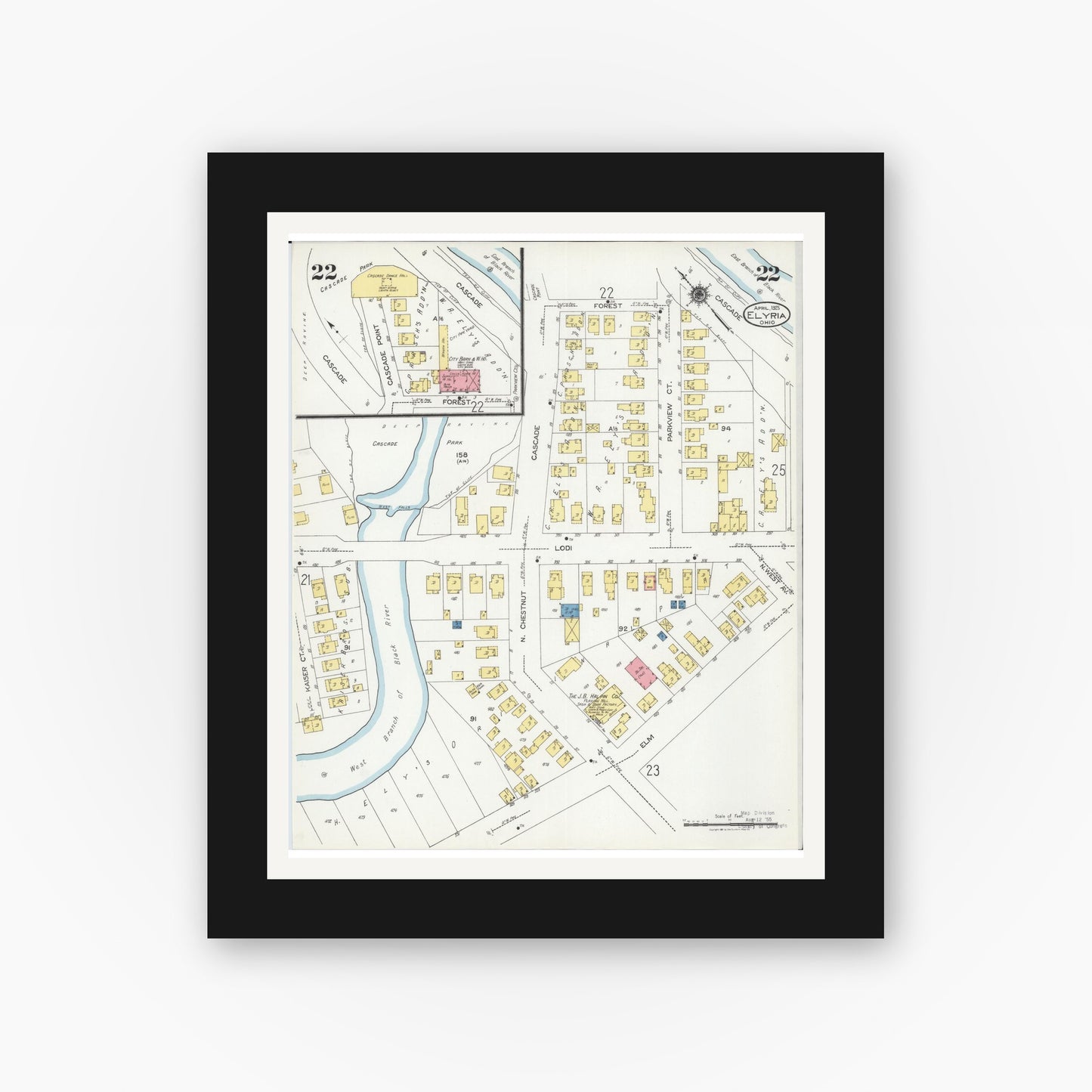 Old map wall art mockup — black gallery frame with white mat — Sanborn Fire Insurance Map from Elyria, Lorain County, Ohio (1925), Sheet #0022