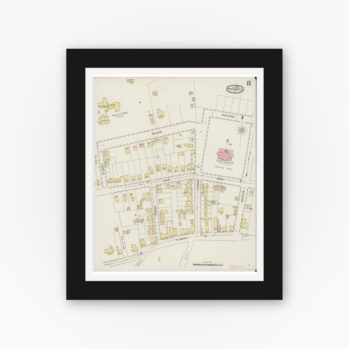 Old map wall art mockup — black gallery frame with white mat — Sanborn Fire Insurance Map from Peekskill, Westchester County, New York (1895), Sheet #0008