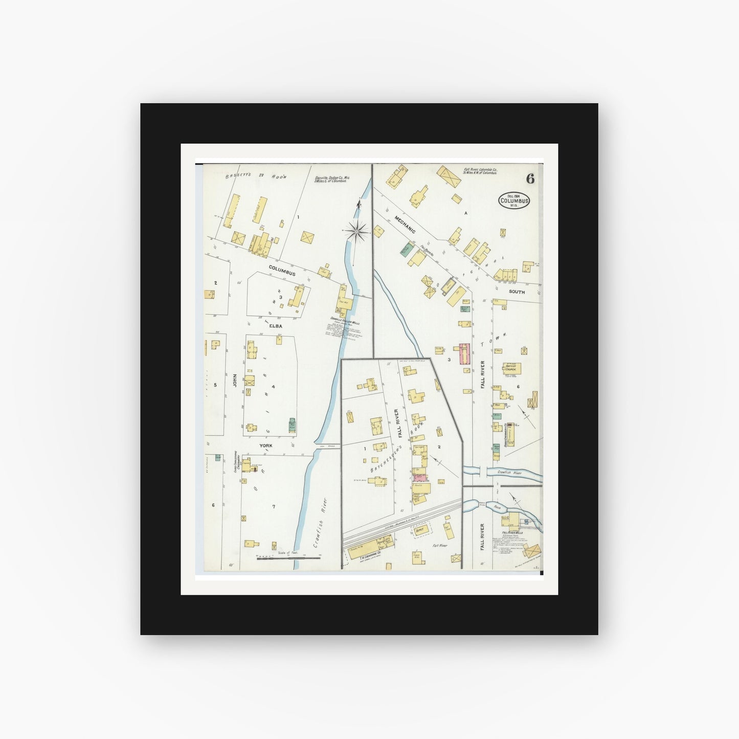 Old map wall art mockup — black gallery frame with white mat — Sanborn Fire Insurance Map from Columbus, Columbia and Dodge County, Wisconsin (1904), Sheet #0006