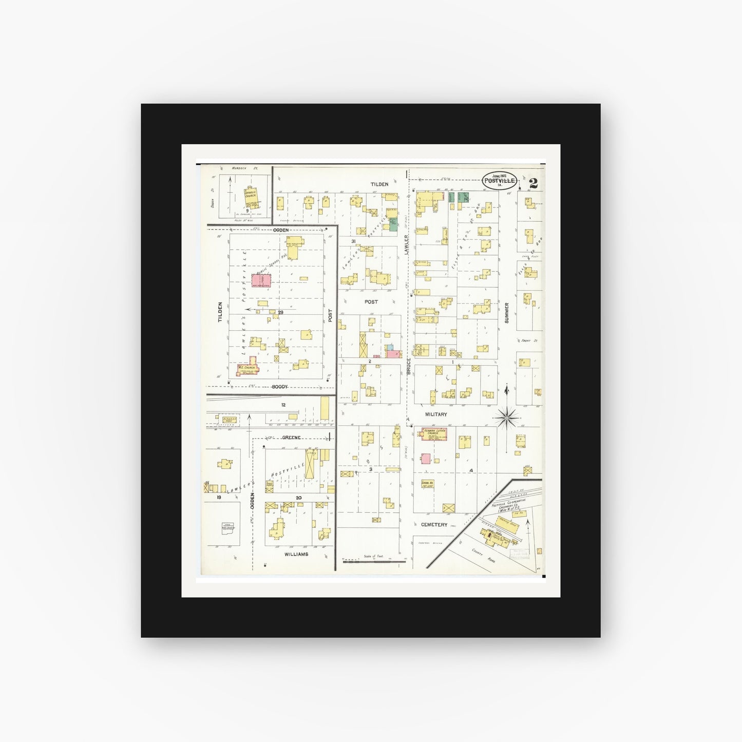 Old map wall art mockup β black gallery frame with white mat β Sanborn Fire Insurance Map from Postville, Allamakee County, Iowa (1902), Sheet #0002