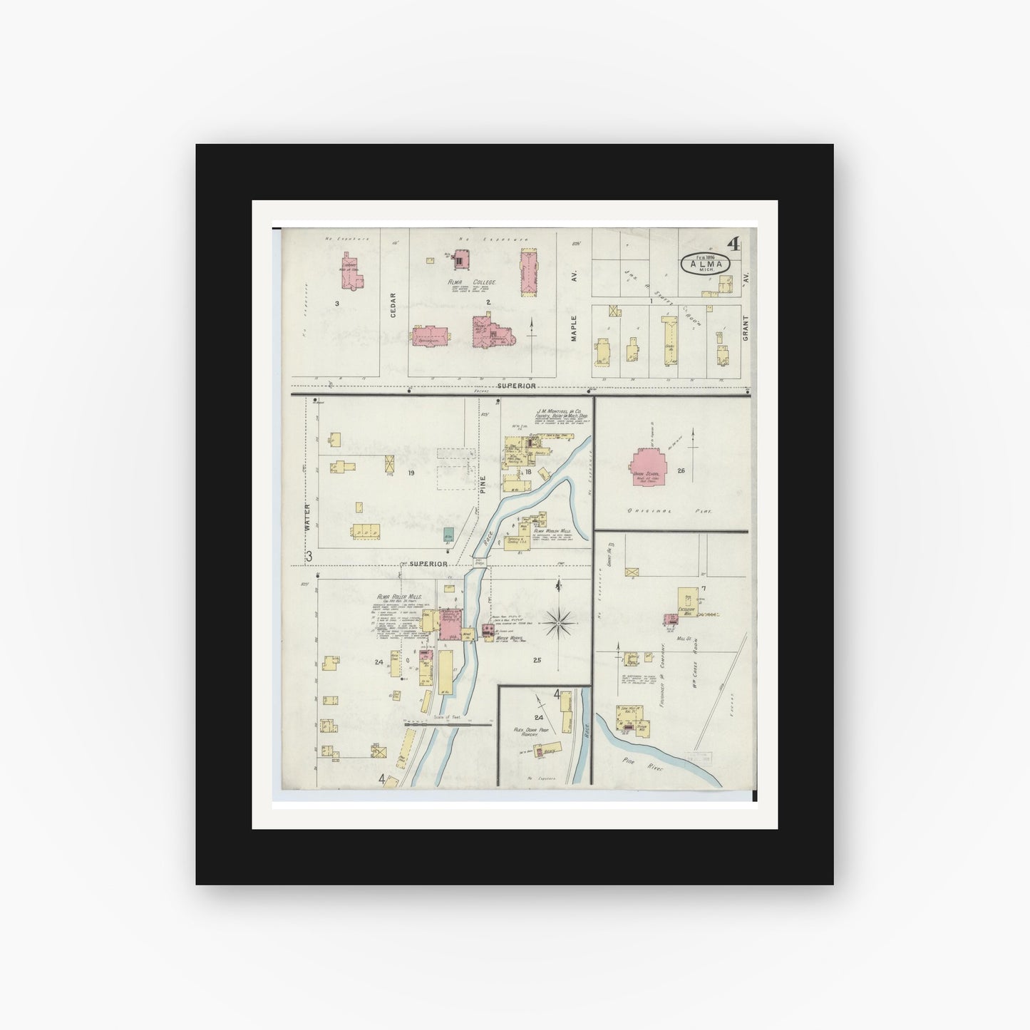 Old map wall art mockup — black gallery frame with white mat — Sanborn Fire Insurance Map from Alma, Gratiot County, Michigan (1896), Sheet #0004